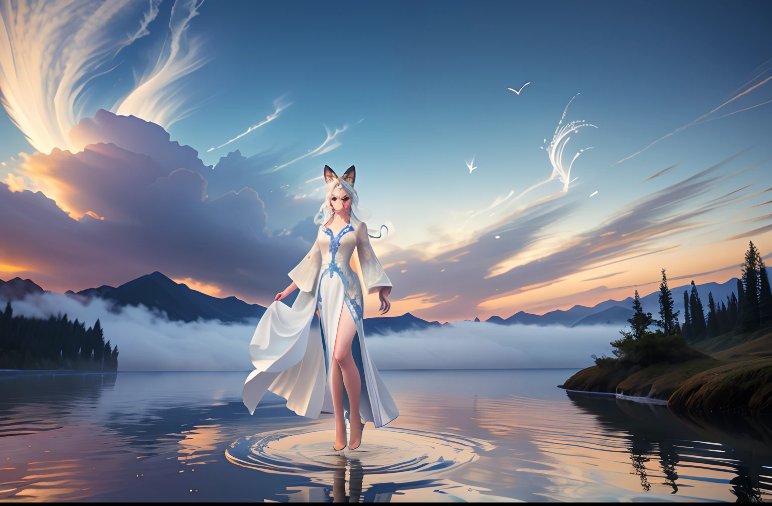 The beautiful and ethereal vixen wears a flowing white Chinese cheongsam。The image captures a fox spirit standing gracefully on the water,It is surrounded by white clouds and mist,Adds an otherworldly touch to the scene。The fox demon's long white hair and robe were blown up by the wind,It adds movement and fluidity to the picture。Use Midjourney's advanced brush tools to create complex folds and textures on vixen's robes and hair,And experiment with different color palettes and brushstrokes to bring out the ethereal quality of the scene。The image of the vixen is sometimes obscured by the surrounding mist,It also adds to the beauty of the vixen,Make the scene full of mystery and fascination。Leverage Midjourney's powerful tools,You can bring this captivating and ethereal scene to life with incredible detail and beauty。 hdr,(真实感,Masterpiece quality,best qualtiy),,pureerosface_v1,ulzzang-6500-v1.1,