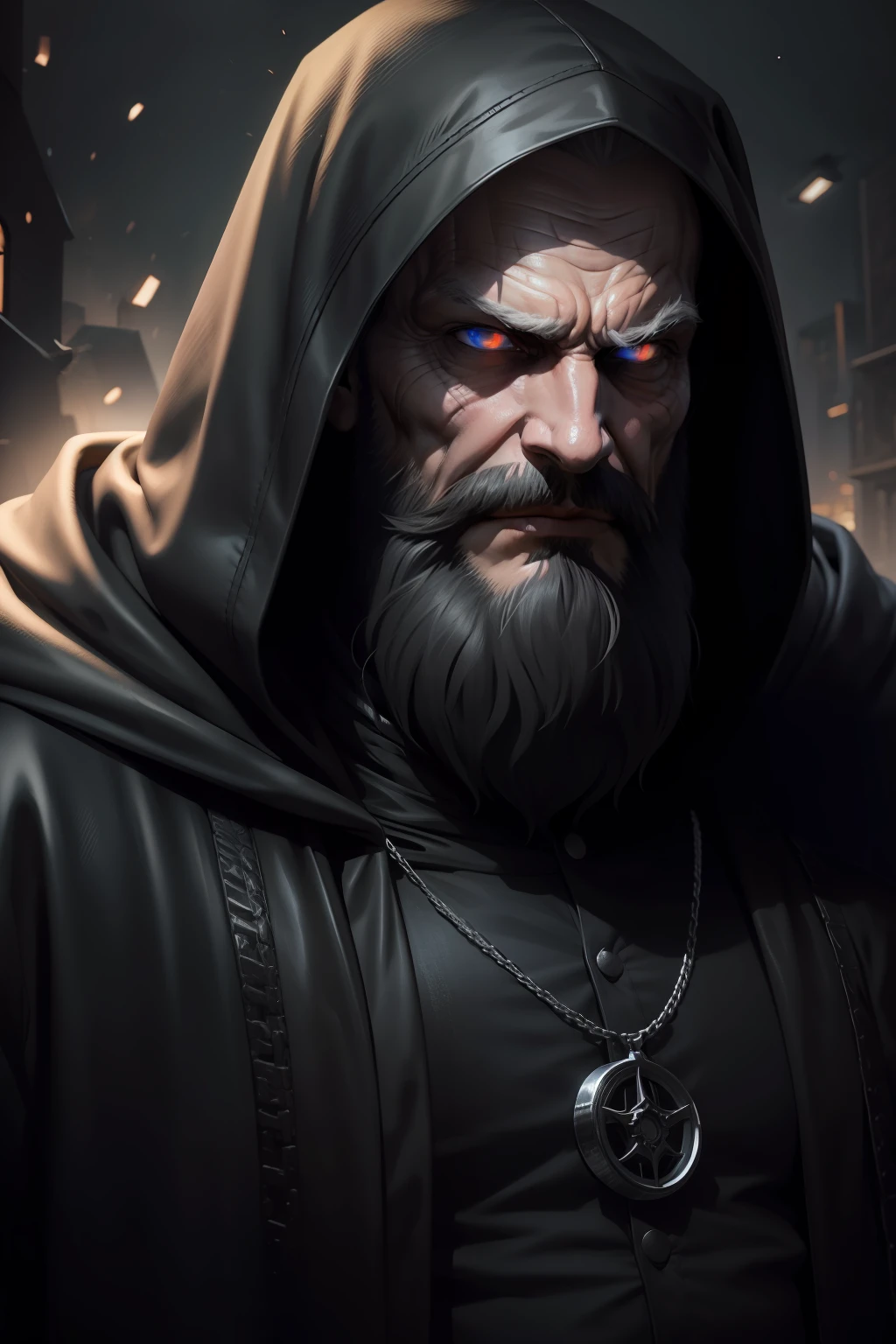old man with a black hood in the dark of the night, close-up face image, big beard rich in details with a mysterious, sinister and evil look