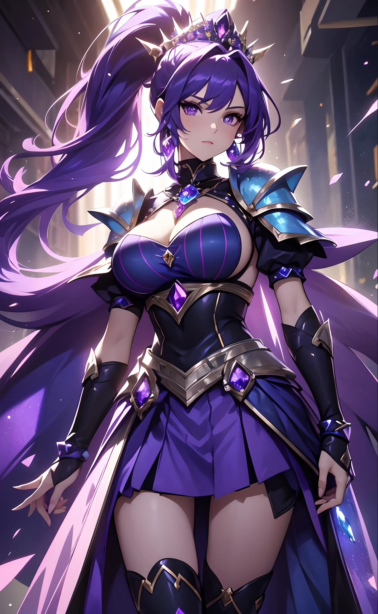 best qualityer,tmasterpiece,Ultimate resolution,downy,Extremely colorful,Colorful,Lady Knight,Royal Sister,Blue-purple armor skirt,Full body set with gemstones,amethyst,huge tit,(Short thin purple hair,High ponytail),Shield set with precious stones,jewelry,Pedras preciosas,Normal posture