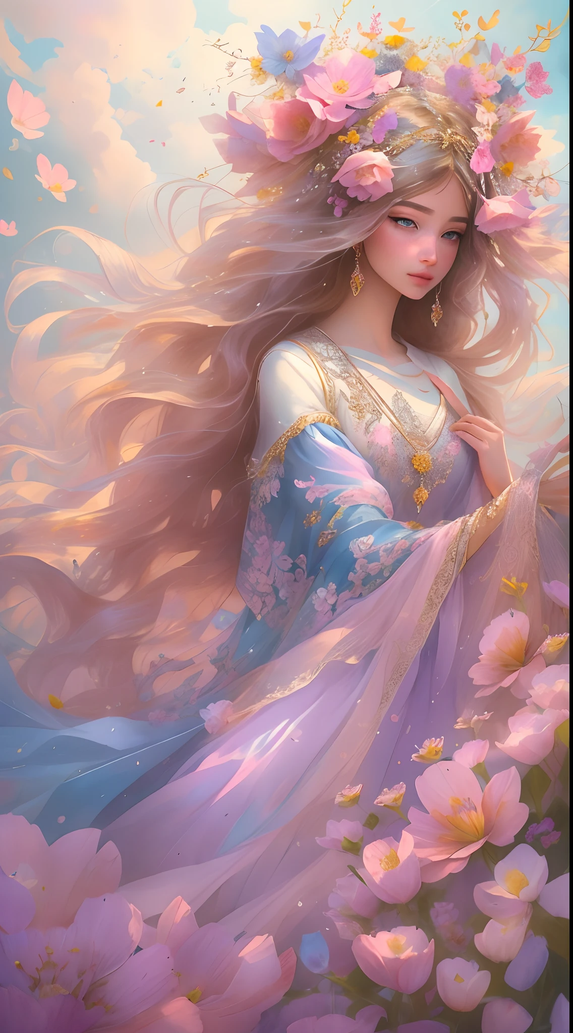 The colors in this image are soft and draw inspiration from gentle watercolors and should be primarily pink. Generate a delicate and tranquil flower princess with soft hair dancing in the wind and intricately braided. Her sweet face has puffy, kissable lips and stunning, highly realistic eyes. She has beautiful eyes, hires eyes, 8k eyes, beautiful detail eyes, beautiful detailed eyes, realistically shaded eyes, and realistic eyes in vibrant colors. She is wearing delicately detailed fabric of gossamer silk and satin. Small pink gemstones and cream pearls detail her clothing. She sits in the midst of the most beautiful meadow in the world and is surrounded by beautiful flowers of varying sizes and colors. The background is wild and unruly, with delicate flowers dancing in the wind and creating a dynamic and compelling image. An ornately flowered headdress adorns her head and soft petals fall around her. The flowers are realistic and very detailed and come in different shapes and sizes, some with iridescence and others with varying shades of pink and blue. Include a soft watercolor sky. The background is wild, with delicate flowers dancing in the wind and colorful pollen filling the air. Include realistic hair and skin texture. Include fantasy details, enhanced details, iridescence, colorful glittering wind, and pollen. Pay special attention to her face and make sure it is beautifully and realistically detailed. The image should be dreamy and ethereal. Include intricate fantasy details. 8k, intricate, elegant, highly detailed, majestic, digital photography, art by artgerm and ruan jia and greg rutkowski surreal painting pearl butterfly filigree, flower petals, (masterpiece, finely detailed beautiful eyes: 1.2), hdr, realistic skin texture, ((ornate)), ((intricate)), ((fantasy00d:1.2)), rays of light, (add details), (add more details), highly detailed, ornate flowers, dew drops, sunlight, rays of sun