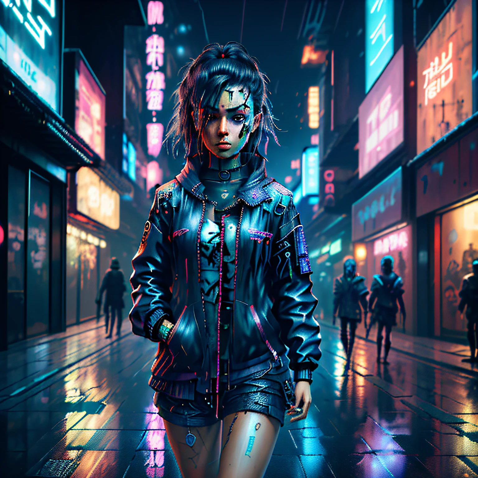 There's a woman in a black jacket and shorts walking down a street, estilo cyberpunk hiper-realista, em cyberpunk city, arte cyberpunk ultrarrealista 8k, Foto cyberpunk, estilo de arte cyberpunk, no estilo cyberpunk, garota anime cyberpunk, Cyberpunk 2 0 e. o modelo , meninapunk sonhadora, menina de anberpunk feminino, Garota cyberpunk, arte digital do anime cyberpunk