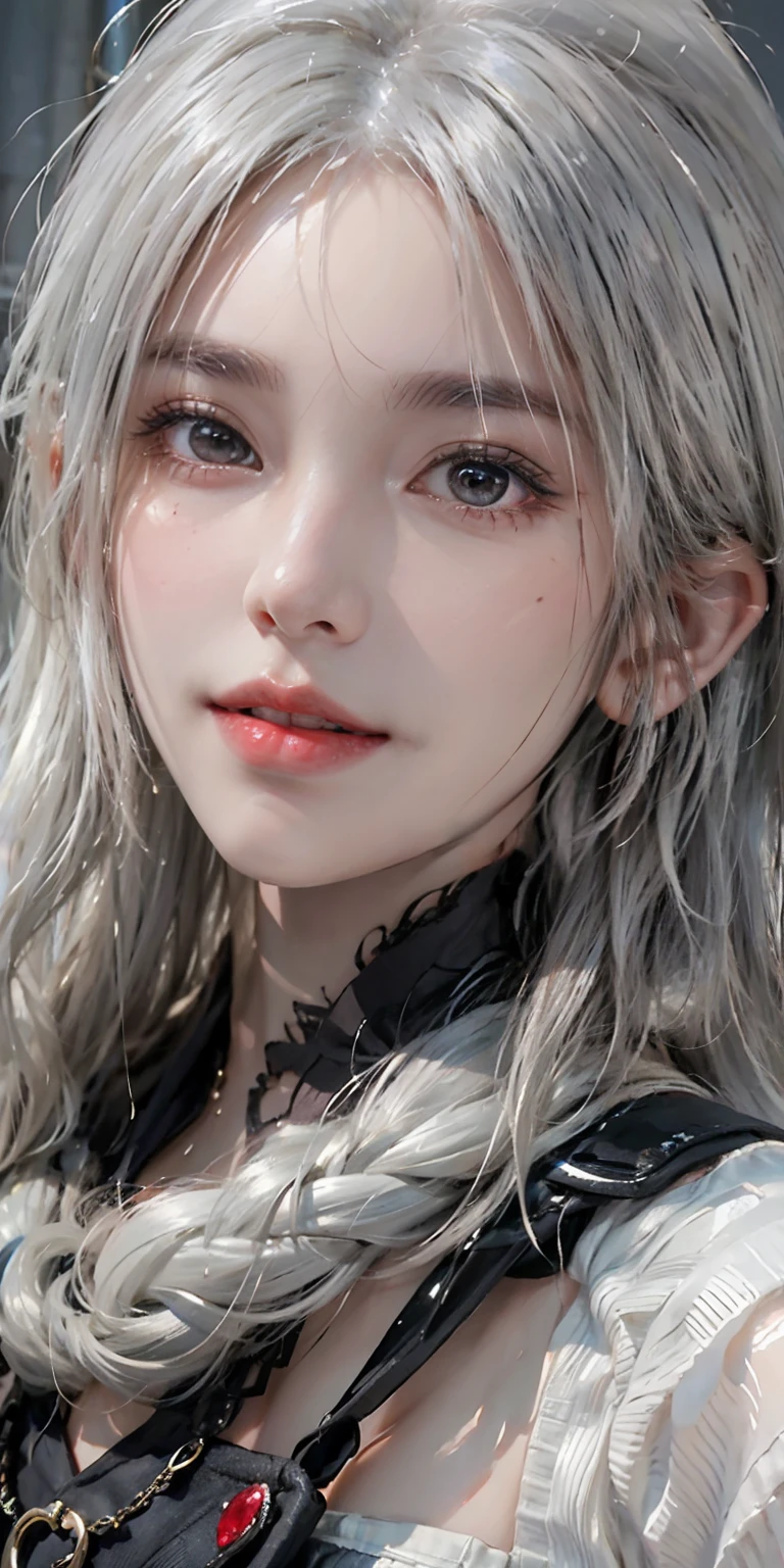 photorealistic, high resolution, soft light,1women, solo, hips up, shining skin, (detailed face),tattoo, jewelry, winter wear, white hair, wavy hair, Beautiful Soldier, Eyes That Invite Viewer, Lover's Perspective, Inviting Expression, Sexy Smile, Perfect Style, Perfect Balance, Detailed Skin, Naughty Gaze, Chest Visible