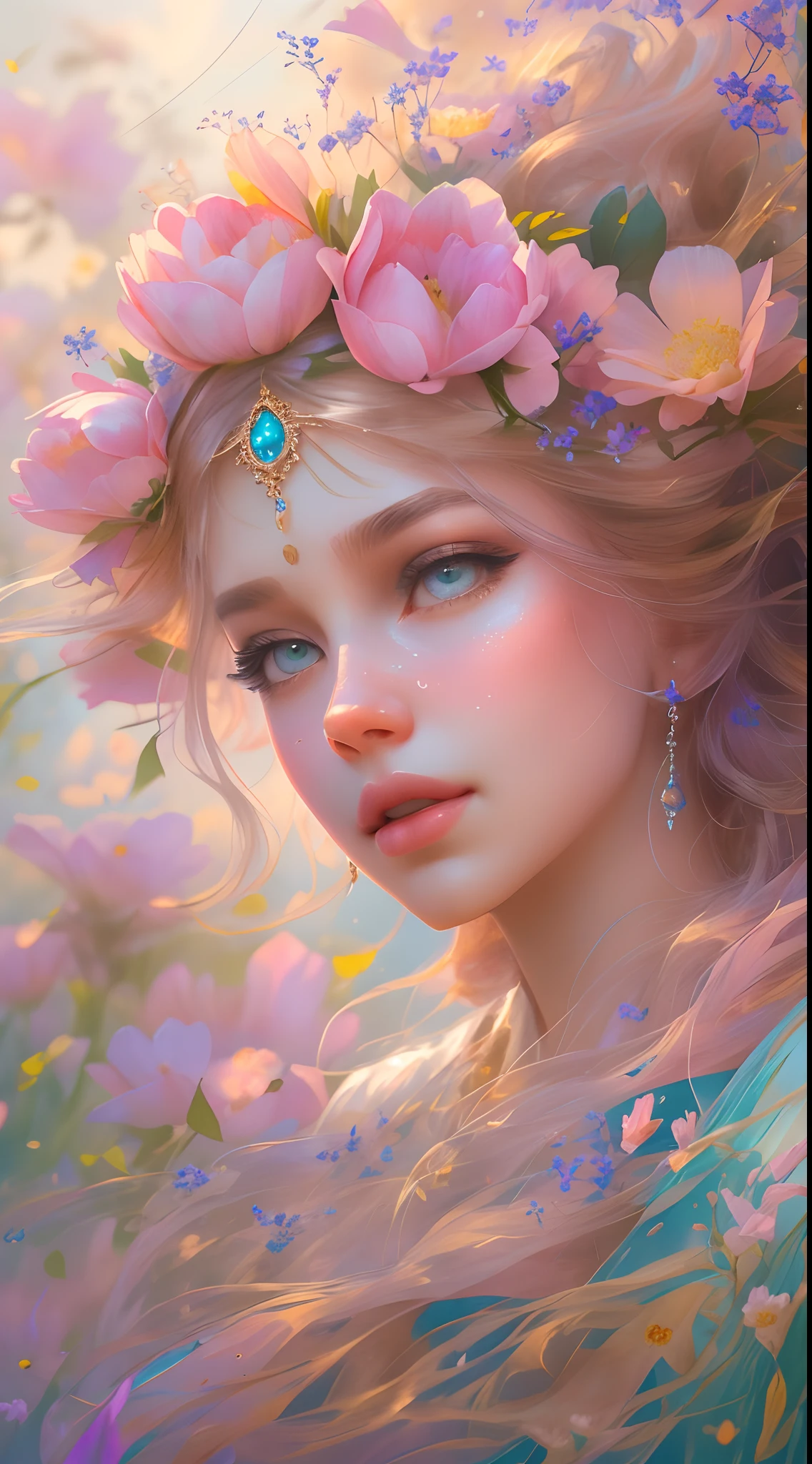 The colors in this image are soft and draw inspiration from gentle watercolors and should be primarily pink. Generate a delicate and tranquil flower princess with soft hair dancing in the wind and intricately braided. Her sweet face has puffy, kissable lips and stunning, highly realistic eyes. She has beautiful eyes, hires eyes, 8k eyes, beautiful detail eyes, beautiful detailed eyes, realistically shaded eyes, and realistic eyes in vibrant colors. She is wearing delicately detailed fabric of gossamer silk and satin. Small pink gemstones and cream pearls detail her clothing. She sits in the midst of the most beautiful meadow in the world and is surrounded by beautiful flowers of varying sizes and colors. The background is wild and unruly, with delicate flowers dancing in the wind and creating a dynamic and compelling image. An ornately flowered headdress adorns her head and soft petals fall around her. The flowers are realistic and very detailed and come in different shapes and sizes, some with iridescence and others with varying shades of pink and blue. Include a soft watercolor sky. The background is wild, with delicate flowers dancing in the wind and colorful pollen filling the air. Include realistic hair and skin texture. Include fantasy details, enhanced details, iridescence, colorful glittering wind, and pollen. Pay special attention to her face and make sure it is beautifully and realistically detailed. The image should be dreamy and ethereal. Include intricate fantasy details. 8k, intricate, elegant, highly detailed, majestic, digital photography, art by artgerm and ruan jia and greg rutkowski surreal painting pearl butterfly filigree, flower petals, (masterpiece, finely detailed beautiful eyes: 1.2), hdr, realistic skin texture, ((ornate)), ((intricate)), ((fantasy00d:1.2)), rays of light, (add details), (add more details), highly detailed, ornate flowers, dew drops, sunlight, rays of sun