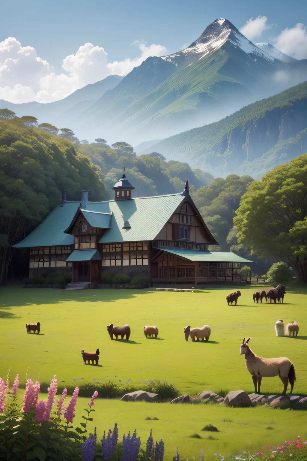 Vast expanses of land、Large alpaca hut、forest、Pasture、Wildlife Conservation Facility Building、A mansion like a European castle、equine、alpaca、donkey、kangaroo、rivulets、Flowers、Animals、a bird