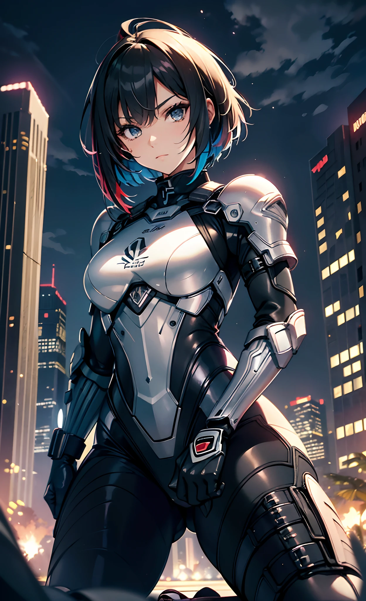 best qualityer,tmasterpiece,Ultimate resolution,downy,Extremely colorful,Colorful,Women combatants,(Kneeling pose)a matural female,Black super short hair,Tight combat suit,tightsuit,Steel City background,the night,Normal posture,Normal posture