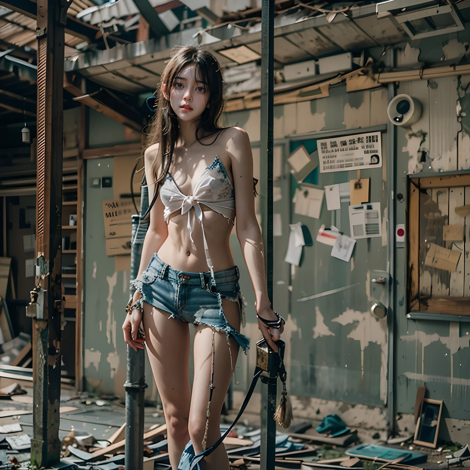 abandoned building,Sexy standing pose,18 years old girls,As thin as a whipping post,The barefoot,(Random nudity all over the body),exhibitionists,(Random exposure of genitals),face to the viewer