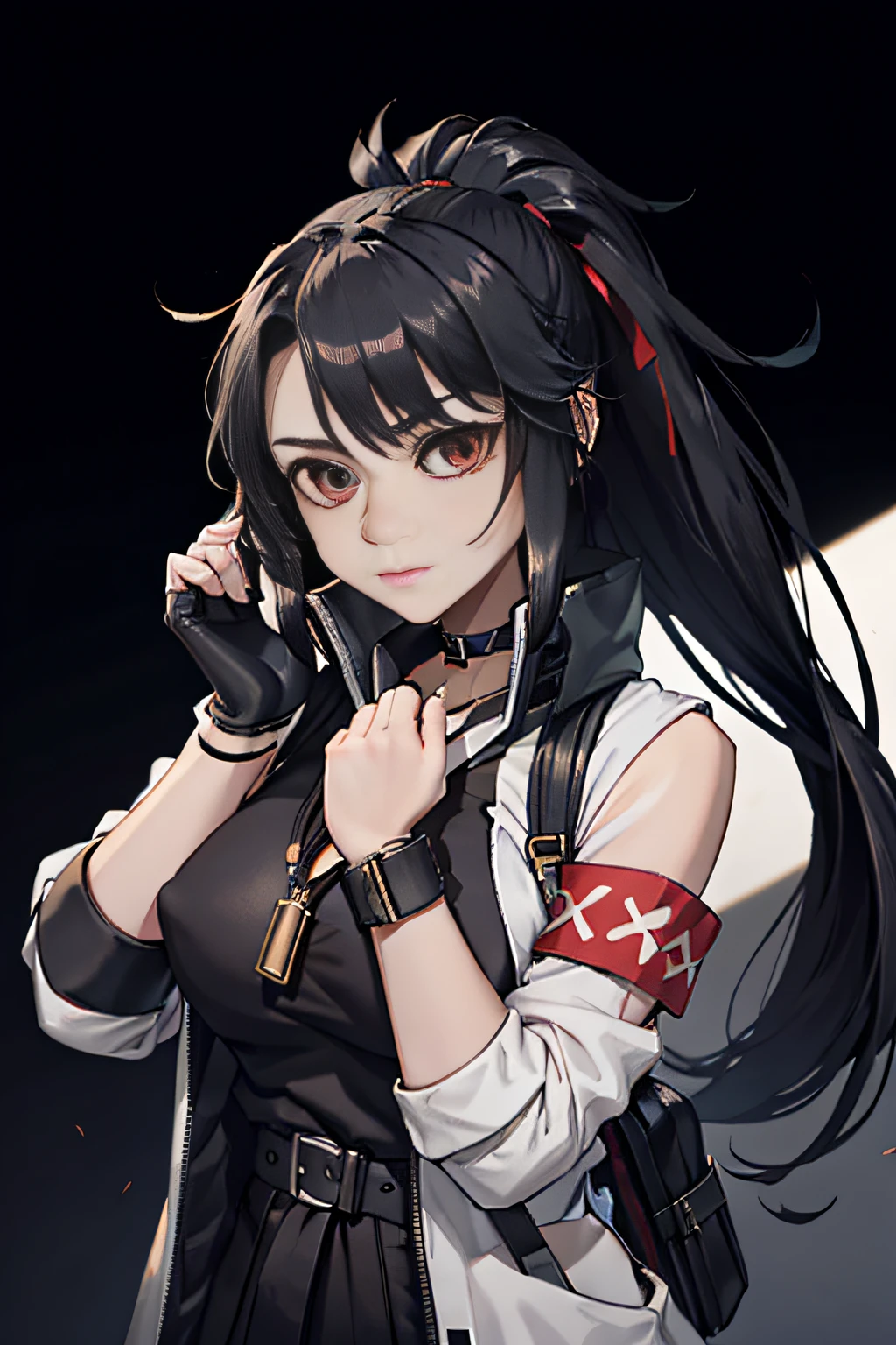 blacksilk,Long hair, Black hair, Messy hair, red highlights,choker necklace,High ponytail,Earphone,F cover,cropped shoulders,wind coat,backpacks,arm guards,huge tit,Headsets,balmy,dishiveredhair,arm guards,arm belt,obi strip,belt,Pocket,Call the device,Cross necklace,head gear,Black gloves,,Strap,Pocket,Headbands,Issuing,jewelry,耳Nipple Ring,bag over the waist