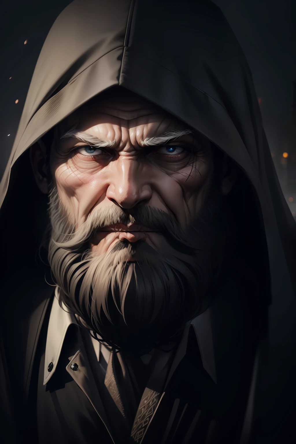 old man with black hood in the dark of night, close-up face image, big beard rich in details with mysterious, sinister and evil realistic look