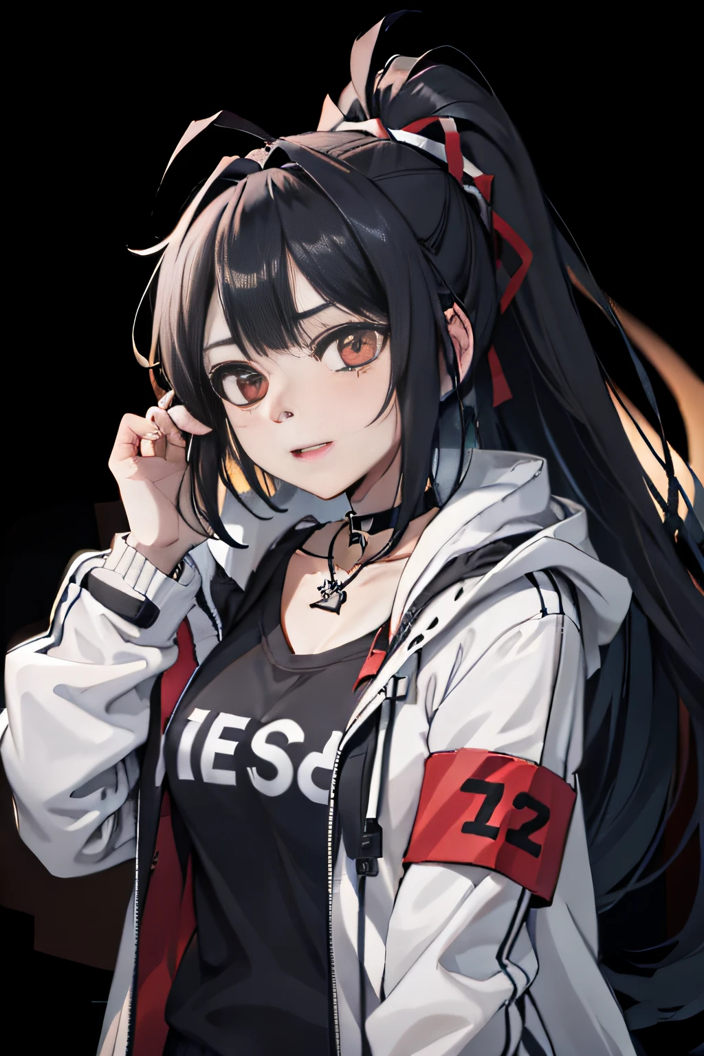 blacksilk,Long hair, Black hair, Messy hair, red highlights,choker necklace,High ponytail,Earphone,F cover,cropped shoulders,wind coat,backpacks,arm guards,huge tit,Headsets,balmy,Side breasts,dishiveredhair,arm guards,arm belt,obi strip,belt,Pocket,Call the device,Cross necklace,head gear,Black gloves,big headphone,Strap headphones,Strap,Pocket,Headbands,Issuing,athletic sneakers
