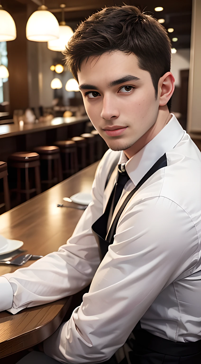 ((Men only)), (head shot), (face only), (handsome muscular mael waiter in his 20s), (in the restaurant), (Chris Redfield), (Mischievous smile), (detaile: 1 in 1), Natural muscles, HIG quality, beautidful eyes, (Detailed face and eyes), (Face、: 1 / 2), Noise, Real Photographics、... .................................................................................................................PSD, Sharp Focus, High resolution 8K, realisitic & Professional Photography, 8K UHD, Soft lighting, High quality, Film grain, FujifilmXT3