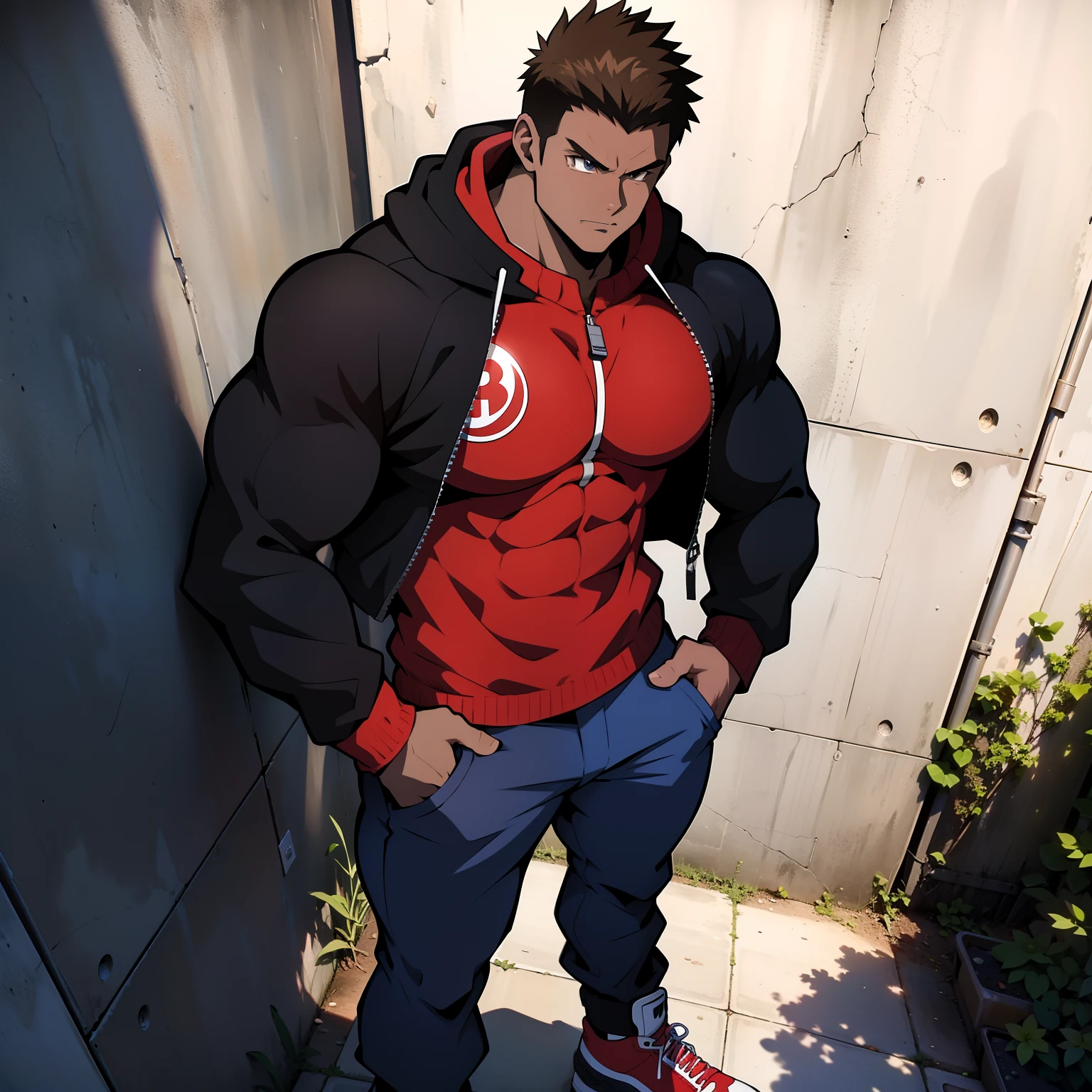 ((arte estilo anime)), imagem superior, angulo de cima para baixo, personagem masculino extremamente musculoso, corpo de bodybuilder, wearing a long-sleeved blouse with hood covering the head, Character is leaning against a wall with his hands in his pockets, Scenery of the Urban Center, rua movimentada, constructions, pessoas e veiculos. Personagem protagonista de anime, imagem bonita, disco Rigido, 4k, Protagonist character leaning against a wall with his hands in his pockets, (((imagem angulo superior)))