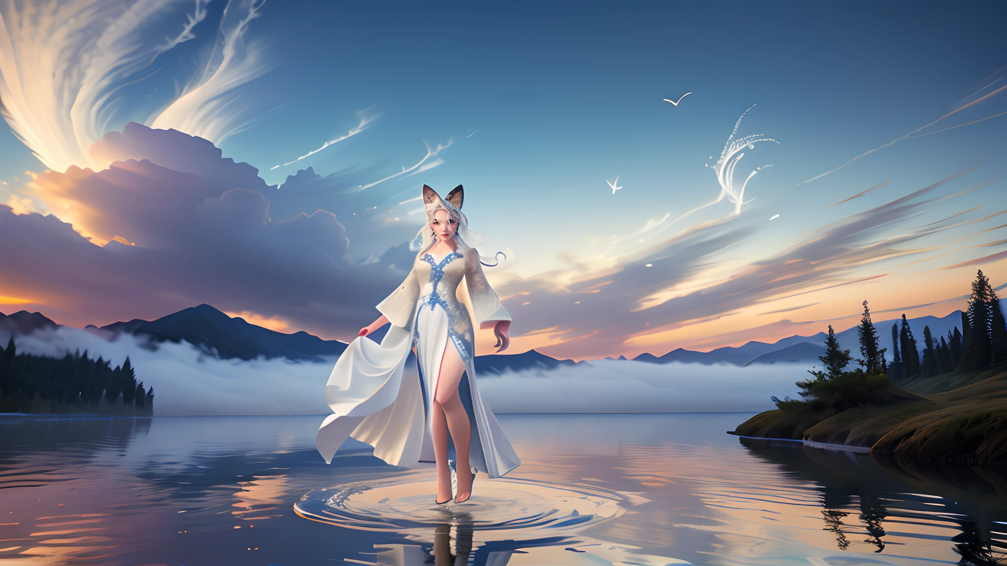 The beautiful and ethereal vixen wears a flowing white Chinese cheongsam。The image captures a fox spirit standing gracefully on the water,It is surrounded by white clouds and mist,Adds an otherworldly touch to the scene。The fox demon's long white hair and robe were blown up by the wind,It adds movement and fluidity to the picture。Use Midjourney's advanced brush tools to create complex folds and textures on vixen's robes and hair,And experiment with different color palettes and brushstrokes to bring out the ethereal quality of the scene。The image of the vixen is sometimes obscured by the surrounding mist,It also adds to the beauty of the vixen,Make the scene full of mystery and fascination。Leverage Midjourney's powerful tools,You can bring this captivating and ethereal scene to life with incredible detail and beauty。 hdr,(真实感,Masterpiece quality,best qualtiy),,pureerosface_v1,ulzzang-6500-v1.1,