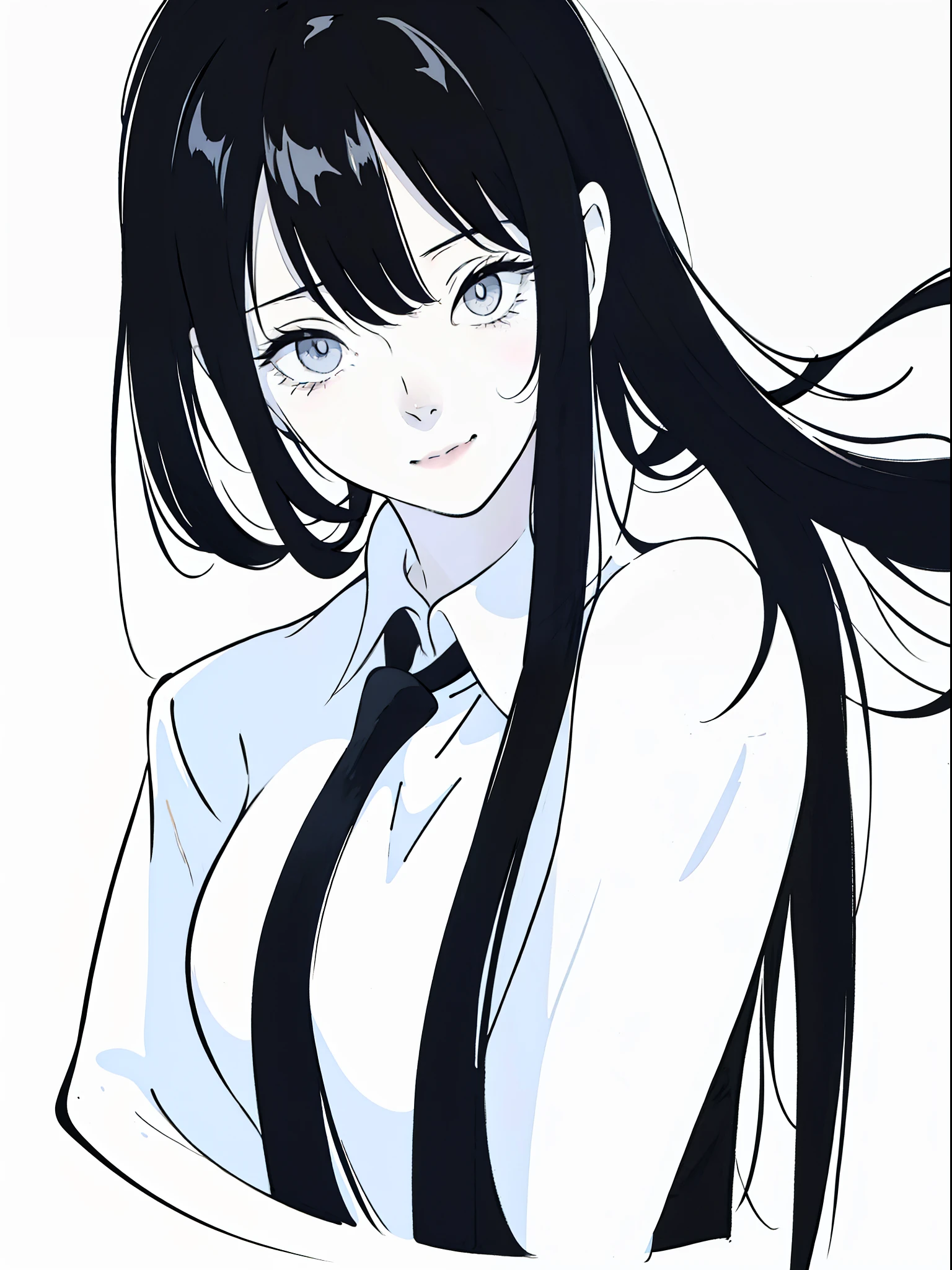 anime girl with long black hair and a white shirt,((black and white portrait)),black and white picture,Smile,minimalist painting,Simple strokes,messy  hair,Messy bangs,Shy,Pure white shirt,Heavy makeup,Headshot,Put lipstick on one's mouth,Side Body,(Wet Hair)