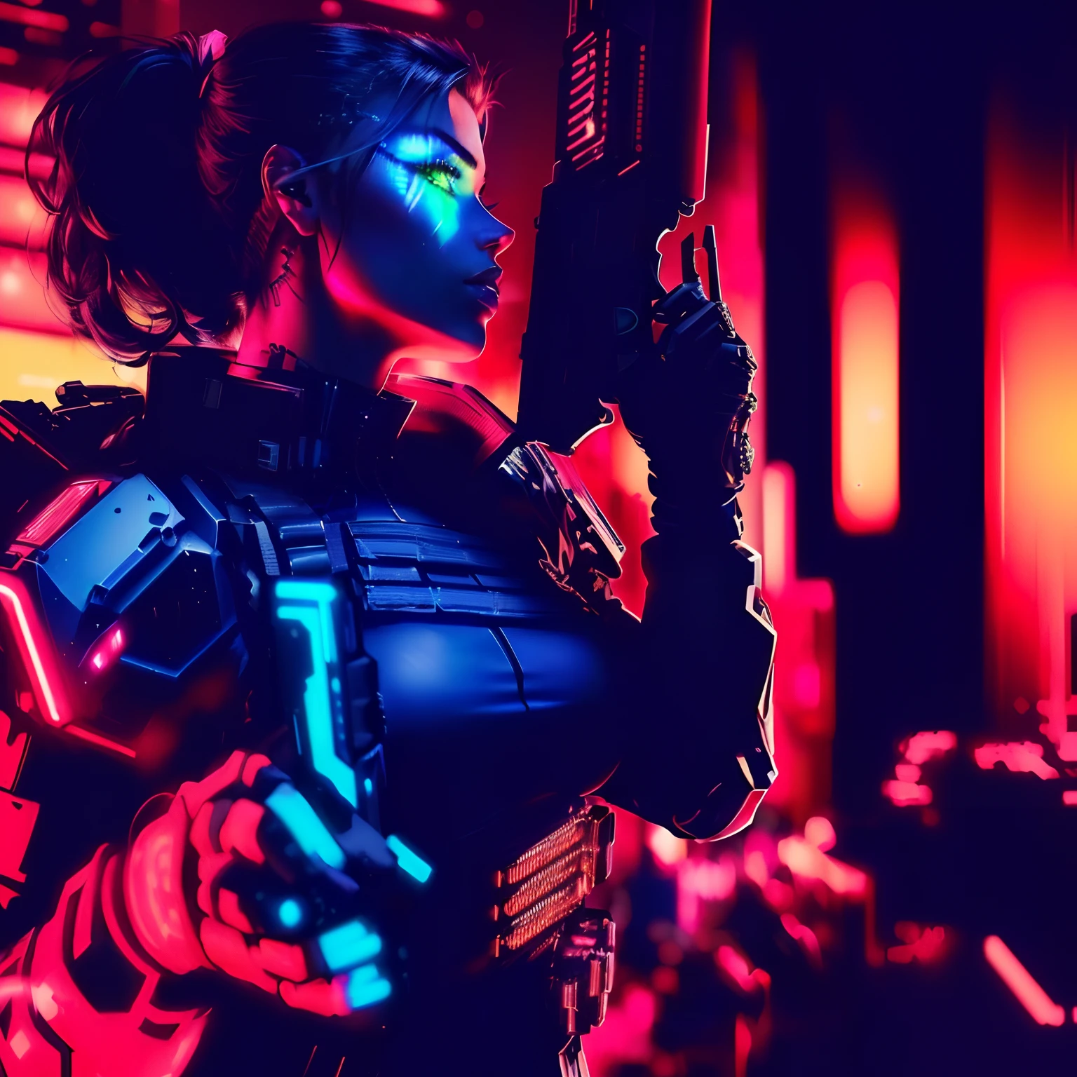 There's a woman in a futuristic outfit holding a gun, cyberpunk with neon lighting, soldado cyberpunk, cyberpunk militar imperial, mulheres cyberpunk, cyberpunk cores vibrantes, samurai cyberpunk muito bonito, cyberpunk feminino, Cyberpunk 2 0 e. o modelo , brilho cyberpunk brilhante, cyberpunk zangada deusa linda, mulher cyberpunk, modelo bonito da mulher cyberpunk, Retrato futurista Solider meninaadora de Neon Margot Robbie, beautiful eyes, pretty look