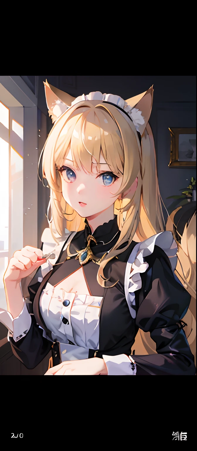 18 year old beautiful girl, big eyes, big bust, and slim, 8K, top quality, (highly detailed head: 1.0), (very detailed face: 1.0), (highly detailed head카락: 1.0), maid uniform, Highly detailed official illustrations, Anime Moe Art Style, Clean and detailed animated art, laugh, golden hair, soft long hair
