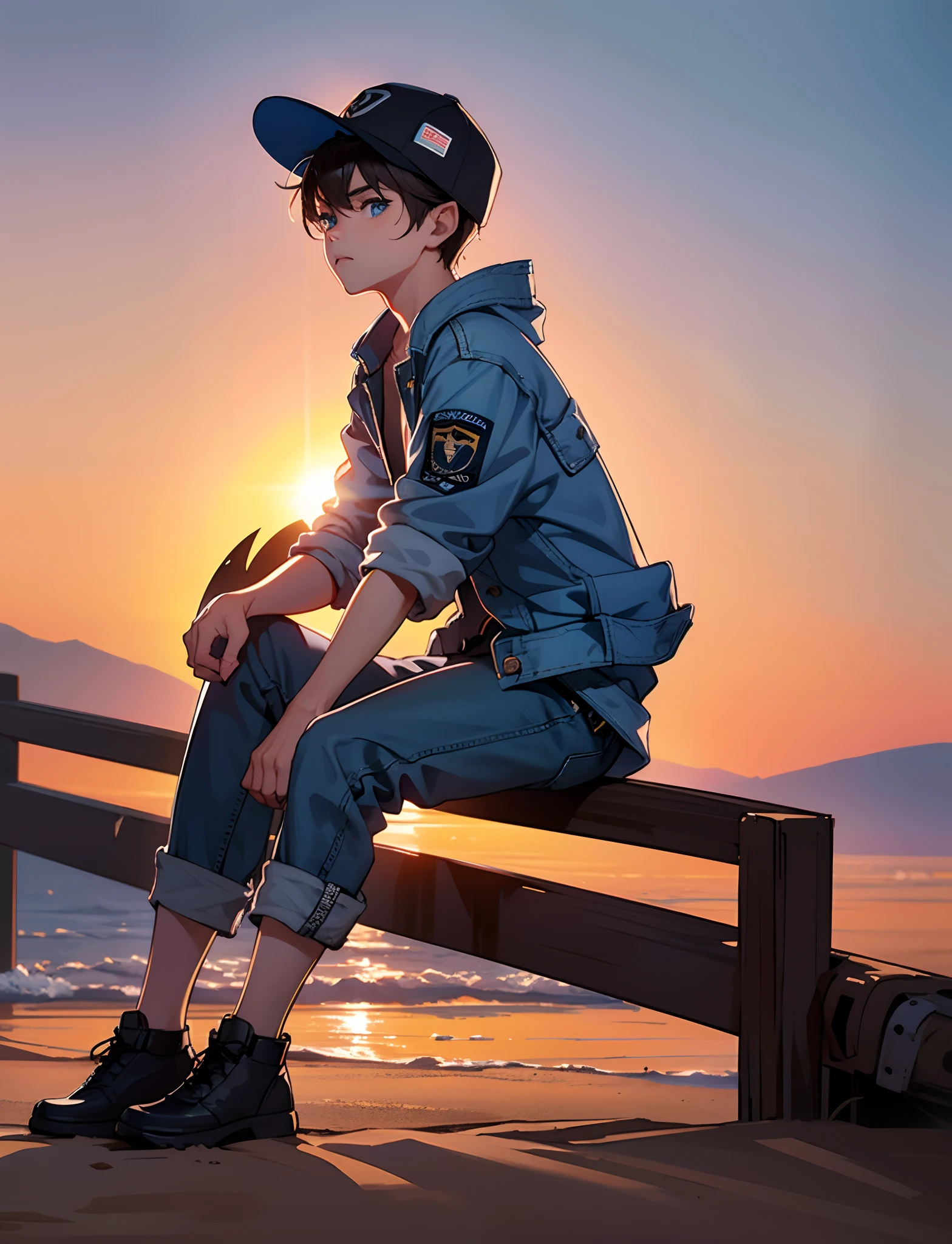 A young boy with，Wear a denim jacket，With a baseball cap，blue color eyes，Sitting in the desert，Background mirage，Sunset and sunset，staring right into camera，Full body photo，Ultra-high definition