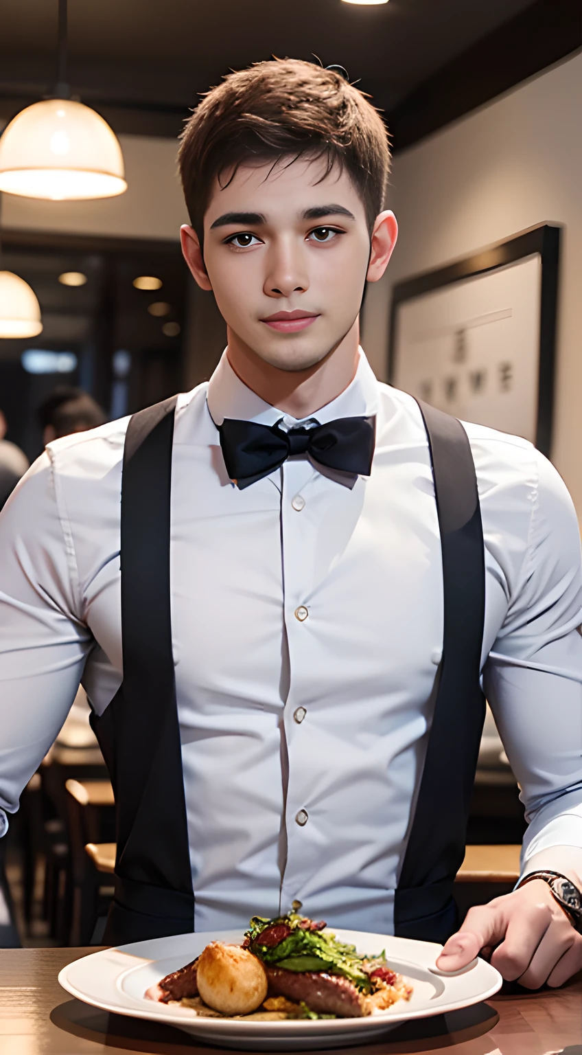 ((Men only)), (head shot), (face only), (handsome muscular mael waiter in his 20s), (in the restaurant), (Chris Redfield), (Mischievous smile), (detaile: 1 in 1), Natural muscles, HIG quality, beautidful eyes, (Detailed face and eyes), (Face、: 1 / 2), Noise, Real Photographics、... .................................................................................................................PSD, Sharp Focus, High resolution 8K, realisitic & Professional Photography, 8K UHD, Soft lighting, High quality, Film grain, FujifilmXT3
