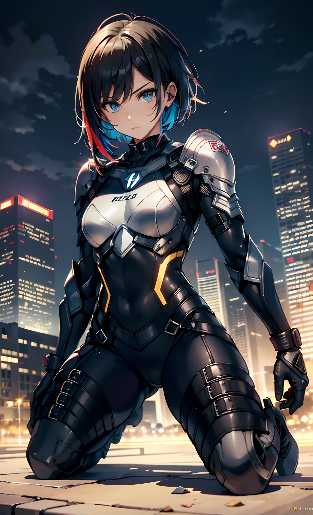 best qualityer,tmasterpiece,Ultimate resolution,downy,Extremely colorful,Colorful,Women combatants,(Kneeling pose)a matural female,Black super short hair,Tight combat suit,tightsuit,Steel City background,the night,Normal posture,Normal posture
