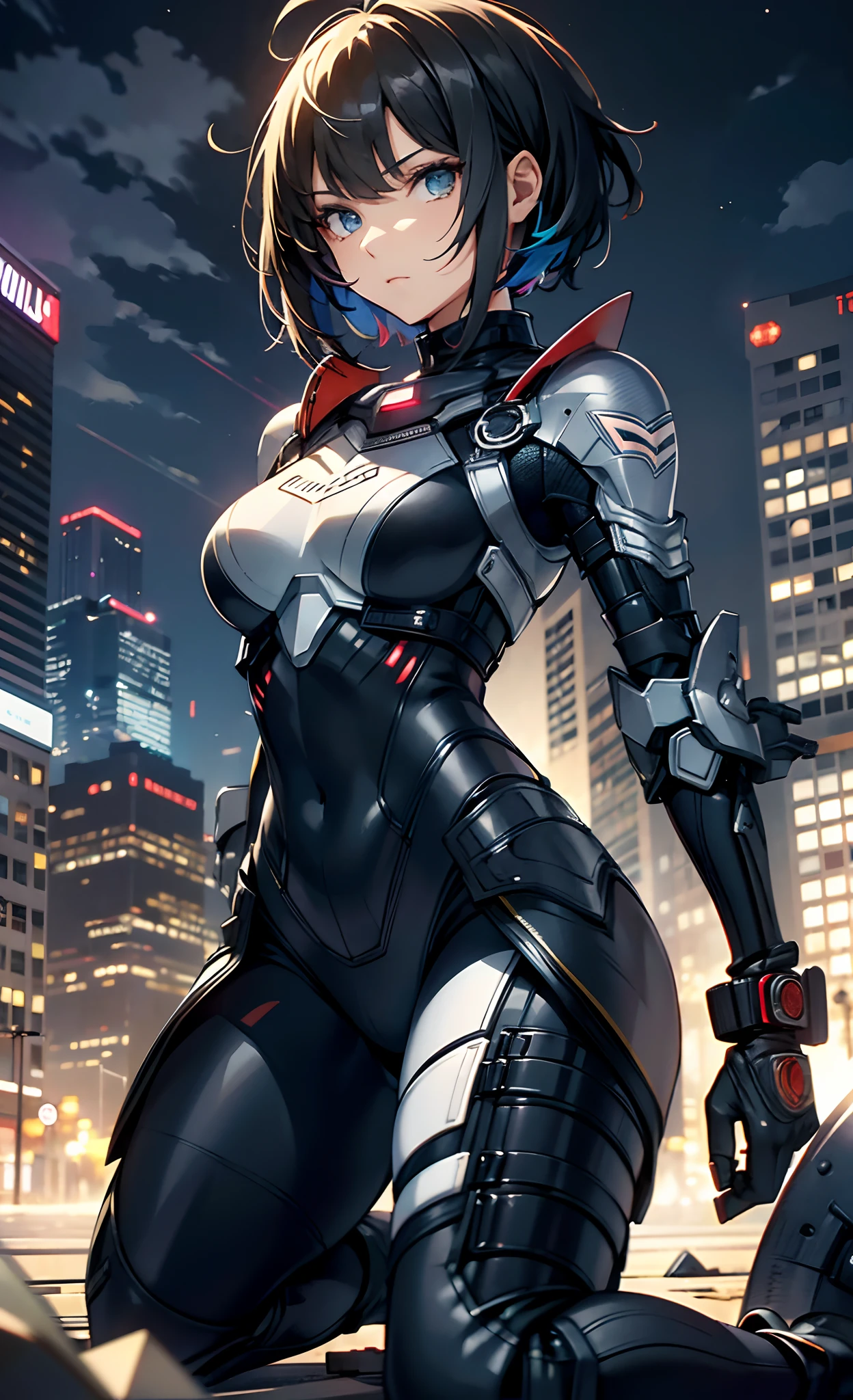 best qualityer,tmasterpiece,Ultimate resolution,downy,Extremely colorful,Colorful,Women combatants,(Kneeling pose)a matural female,Black super short hair,Tight combat suit,tightsuit,Steel City background,the night,Normal posture,Normal posture
