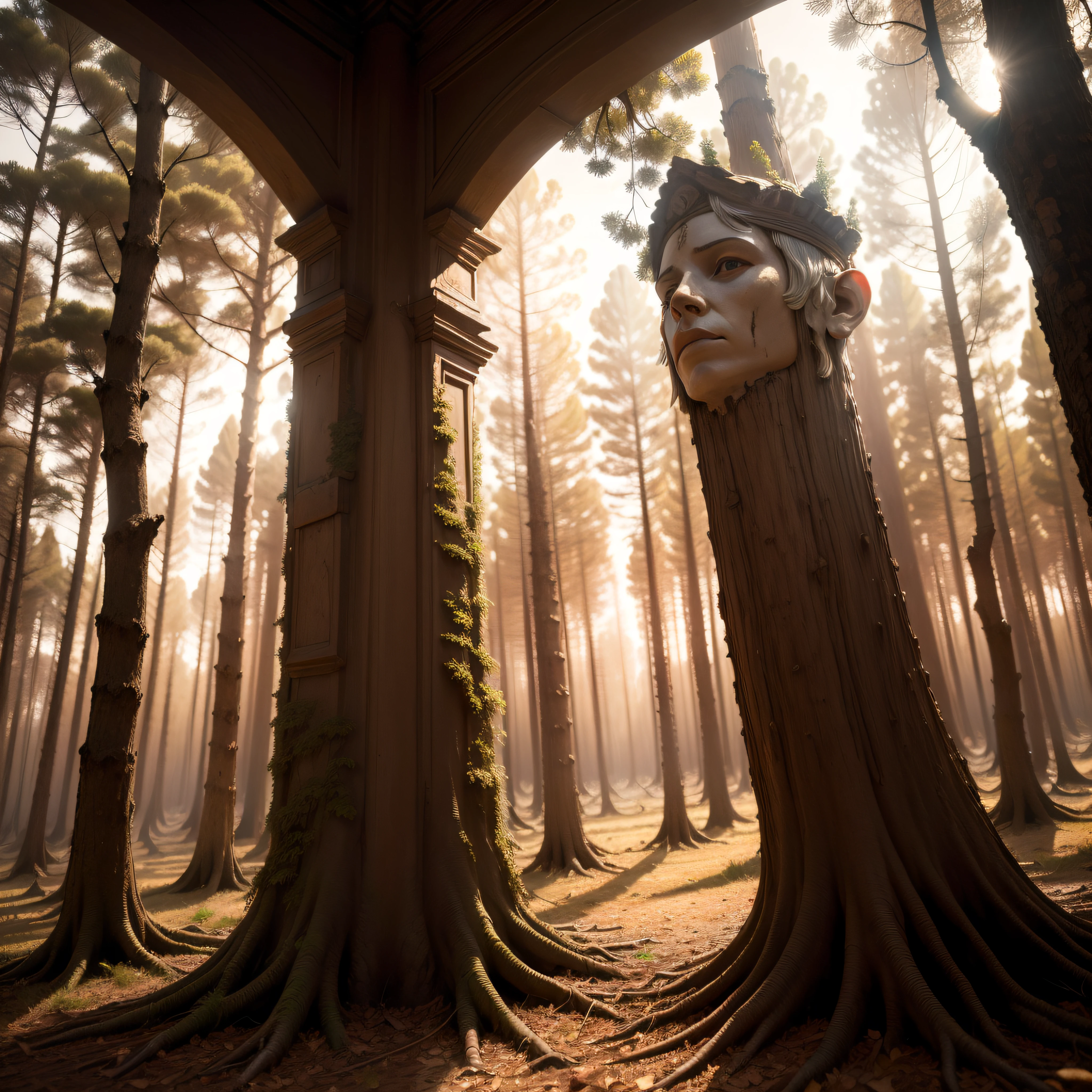 (extremadamente detallado, obra maestra, La mejor calidad, Tono sepia) bosque enorme, Trees with a human face, ruinas. Daytime Lighting.