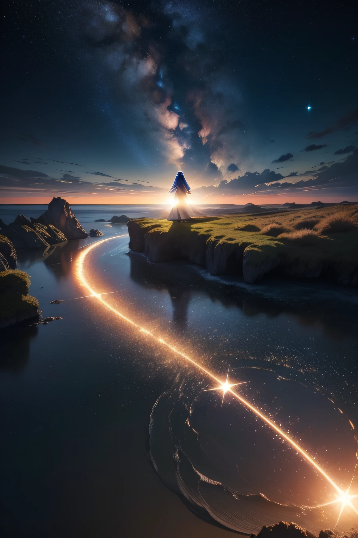"Por favor, generate an image that represents the essence of a rebellious star that fell to Earth in search of redemption.
Imagine a magical night scene. No centro da imagem, uma estrela brilhante e luminosa, envolta em tons de azul profundo e prata cintilante, hovers in the starry sky. Its soft light contrasts with the surrounding darkness, criando uma atmosfera misteriosa e cativante.
The star is surrounded by delicate and bright features reminiscent of the constellations. These traces extend smoothly across the sky, conectando-se a outras estrelas, como se estivessem tecendo um caminho celestial.
No horizonte, a Terra se estende, representada com suas maravilhas naturais: montanhas majestosas, florestas exuberantes e oceanos serenos. The star is falling, its light dimming as it approaches the earth's surface. The scene captures the thrilling moment of the rebel star embracing its destiny and plunging into Earth to find redemption.
A paleta de cores, incluindo os tons de azul, prata, e toques suaves de verde e dourado, highlights the duality between heaven and earth, The journey of transformation and the search for forgiveness and renewal.
The image conveys a sense of hope and magic, inviting viewers to reflect on second chances and the beauty of a fresh start."
