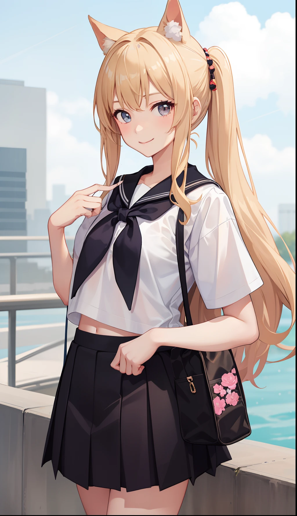 1girl in、A smile、The shirt、skirt by the、(small tits)Chilarism、Japan High School Student Uniform、serafuku、summer clothing、Run briskly、(Sheer Bra)、Upper body portrait、blonde hair、poneyTail、