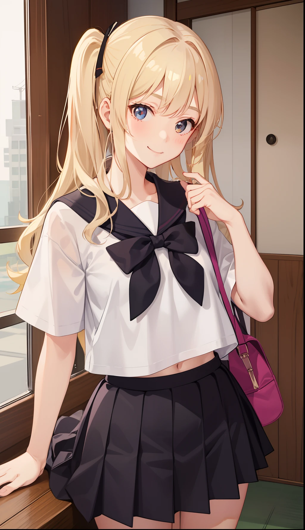 1girl in、A smile、The shirt、skirt by the、（small tits）Chilarism、Japan High School Student Uniform、serafuku、summer clothing、Run briskly、（Sheer Bra）、Upper body portrait、blonde  hair、poneyTail、