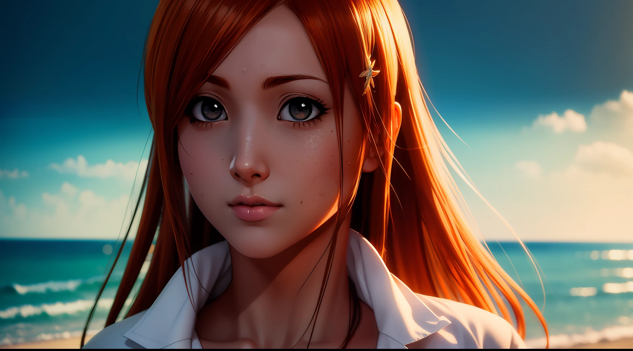 focused upper body, 1 girl, orihime inoue, beach suit, sparkling grey eyes, (((beach background))), Colorful beautiful girl: orange hair, nice perfect face with soft skinice perfect face, intricate detail, splash screen, 8k resolution, masterpiece, artstation digital painting smooth, 8k resolution photorealistic masterpiece, professional photography, natural lighting, volumetric lighting maximalist photoillustration: by marton bobzert