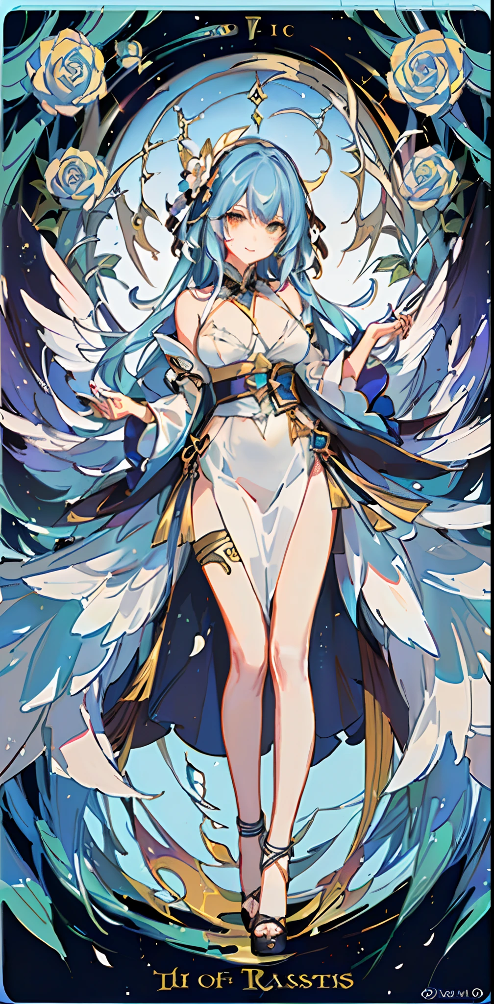 (the golden ratio:1.2),(Rose graffiti:1.2),(Fault color:1.3),[(White background:1.4)::10],(full bodyesbian:1.2),(ultradetailed:1.3),(tarot cards:1.6),(magestic(tarot cards):1.6),(paper:1.2),(faeries:1.6),(Fairy Wings:1.2),full bodyesbian,dangling,(cruel:1.2),(Long red hair),(butterfly hair ornaments),(Floral hair ornaments:1.0),((sandals,Locket)),(Colorful cocktail dress:1.0)+(Loose-fitting sleeved jacket:1.3)+(Fluttering colored tassels and ribbons:1.2 ),(White stockings:1.2),(Colored ink paper flowers:1.2),(Sea of colorful flowers:1.3),(Chaotic geometry:1.3),(negative space:0.8),(Drawing board:1.3 ), (Etheric color ink flows:1.3)，slender leg，Spread your legs apart，The blouse is open，（（（Bigchest）））Soft Light on Face