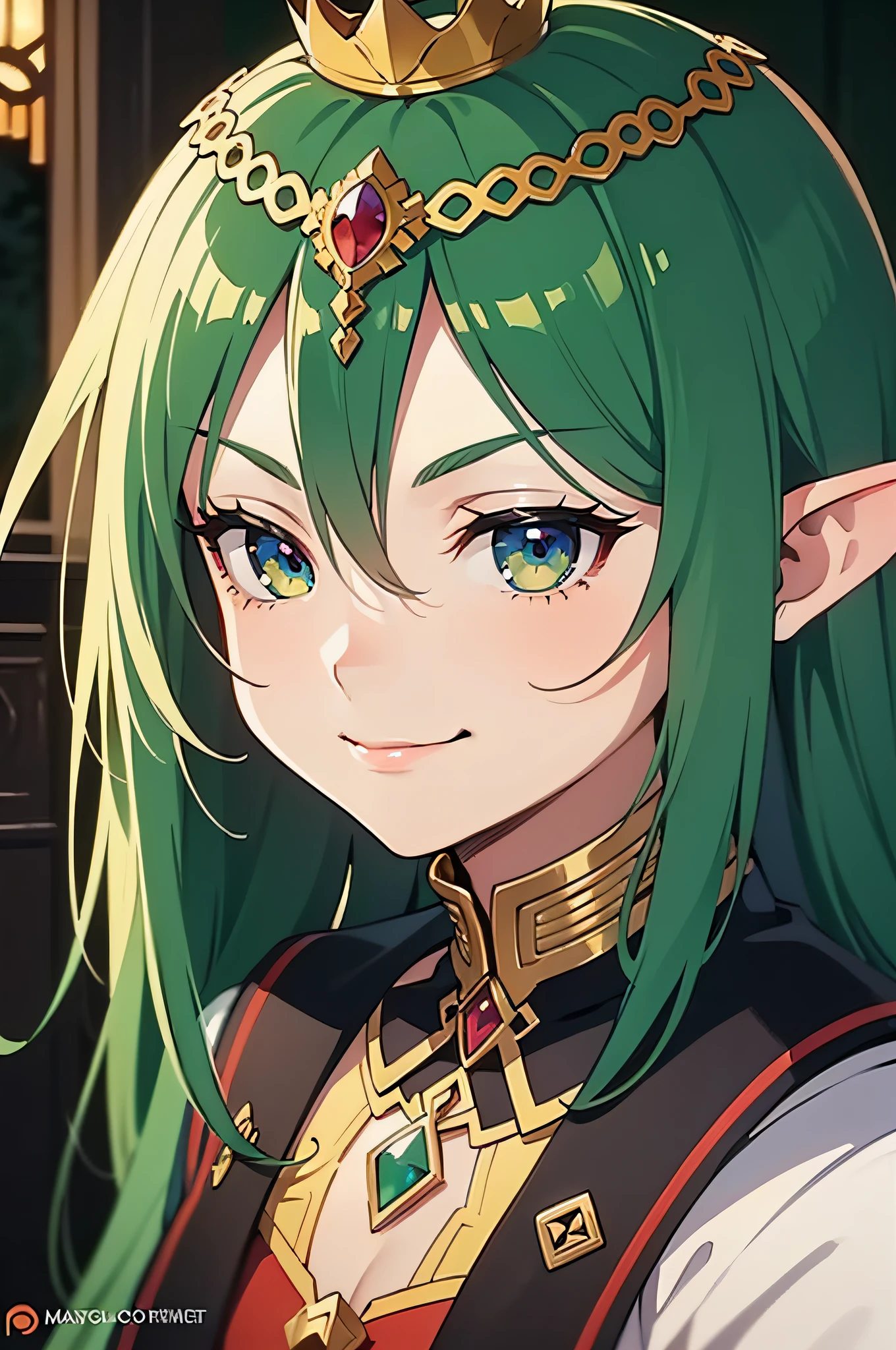 a close up of a person with a crown on their head, goblin girl dnd character, an elf queen, (((mad))) elf princess, elf girl, portrait of an elf queen, elf queen, anime in fantasy style, detailed anime character art, elven character with smirk, goblin female portrait