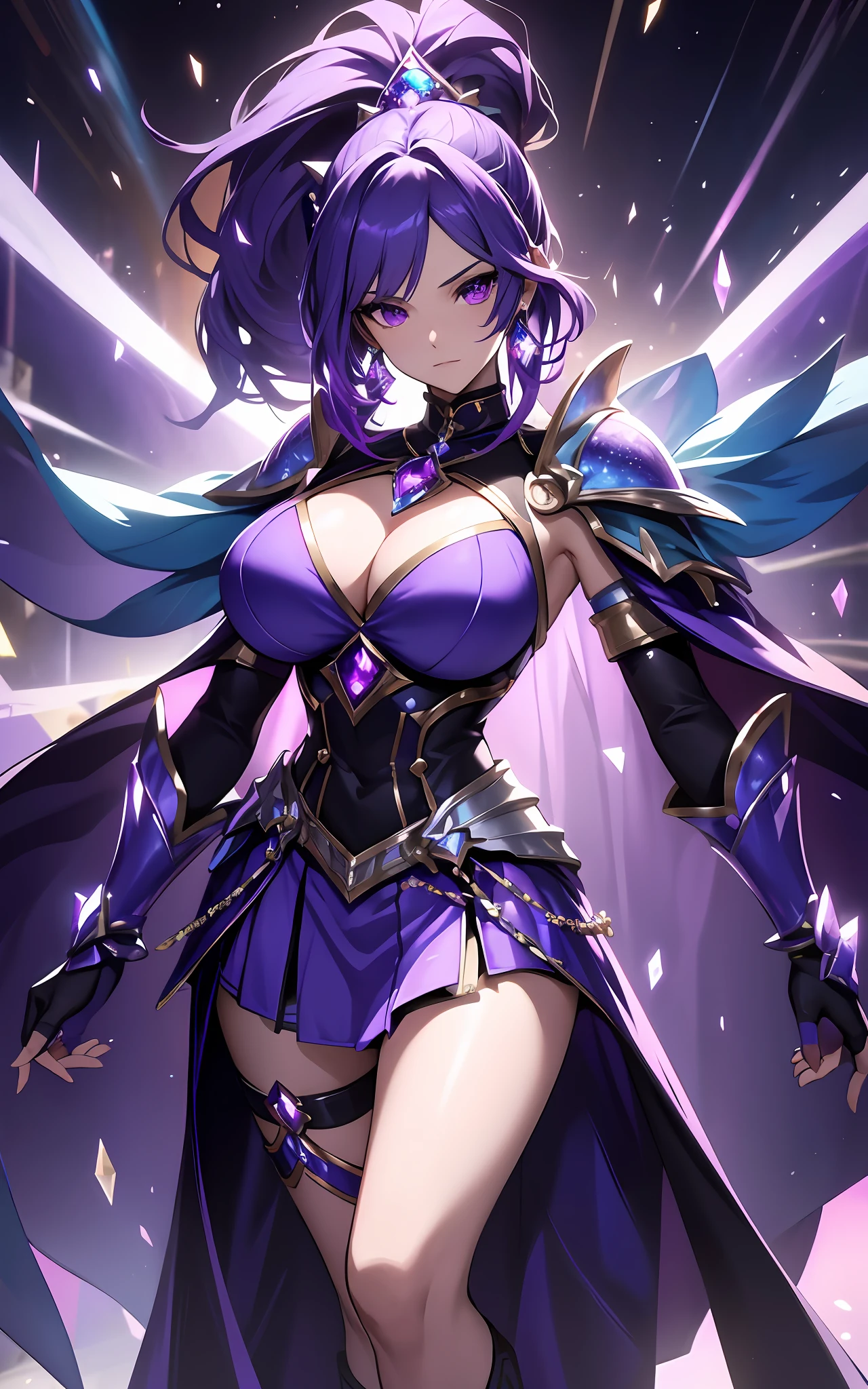 best qualityer，tmasterpiece，Ultimate resolution，downy，Extremely colorful，Colorful，Lady Knight，Royal Sister，Blue-purple armor skirt，Full body set with gemstones，amethyst，huge tit，（Short thin purple hair，High ponytail），Shield set with precious stones，jewelry，Pedras preciosas，Normal posture