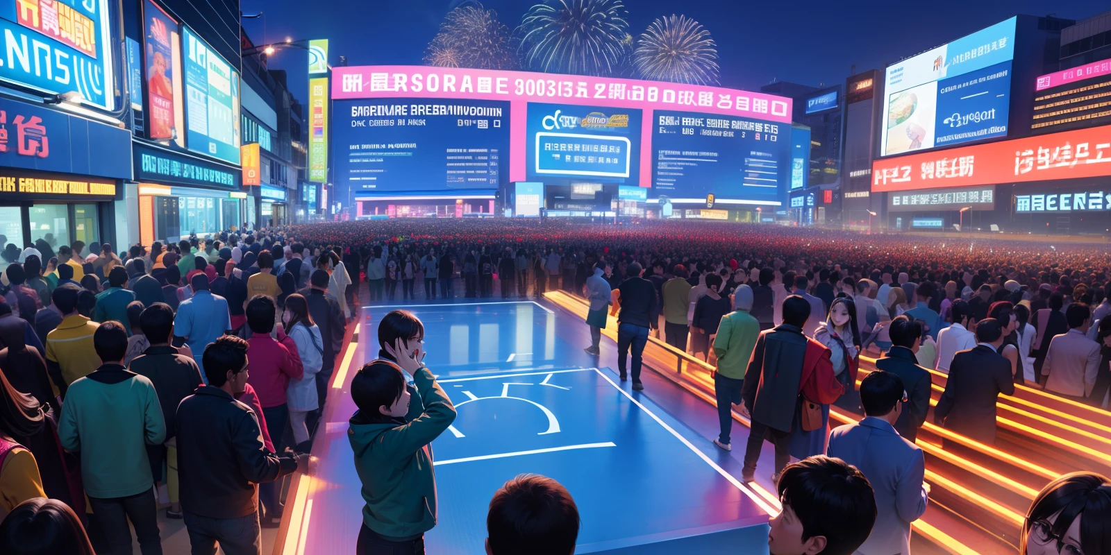 Posters，The vibrant picture of the city at night shows a crowd of enthusiastic dancing crowds（city night scene + Dancing crowd），The main color is blue-green，Highlight the city background。