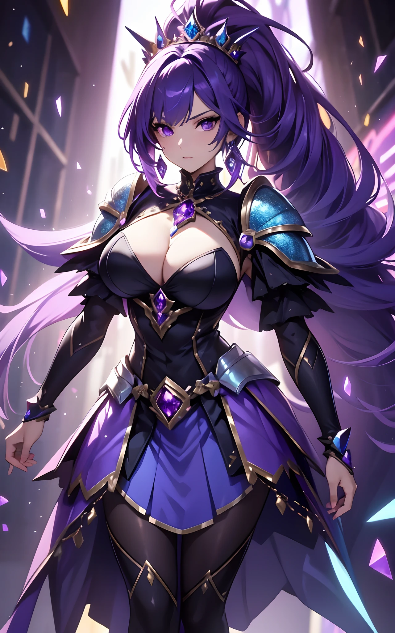 best qualityer,tmasterpiece,Ultimate resolution,downy,Extremely colorful,Colorful,Lady Knight,Royal Sister,Blue-purple armor skirt,Full body set with gemstones,amethyst,huge tit,(Short thin purple hair,High ponytail),Shield set with precious stones,jewelry,Pedras preciosas,Normal posture