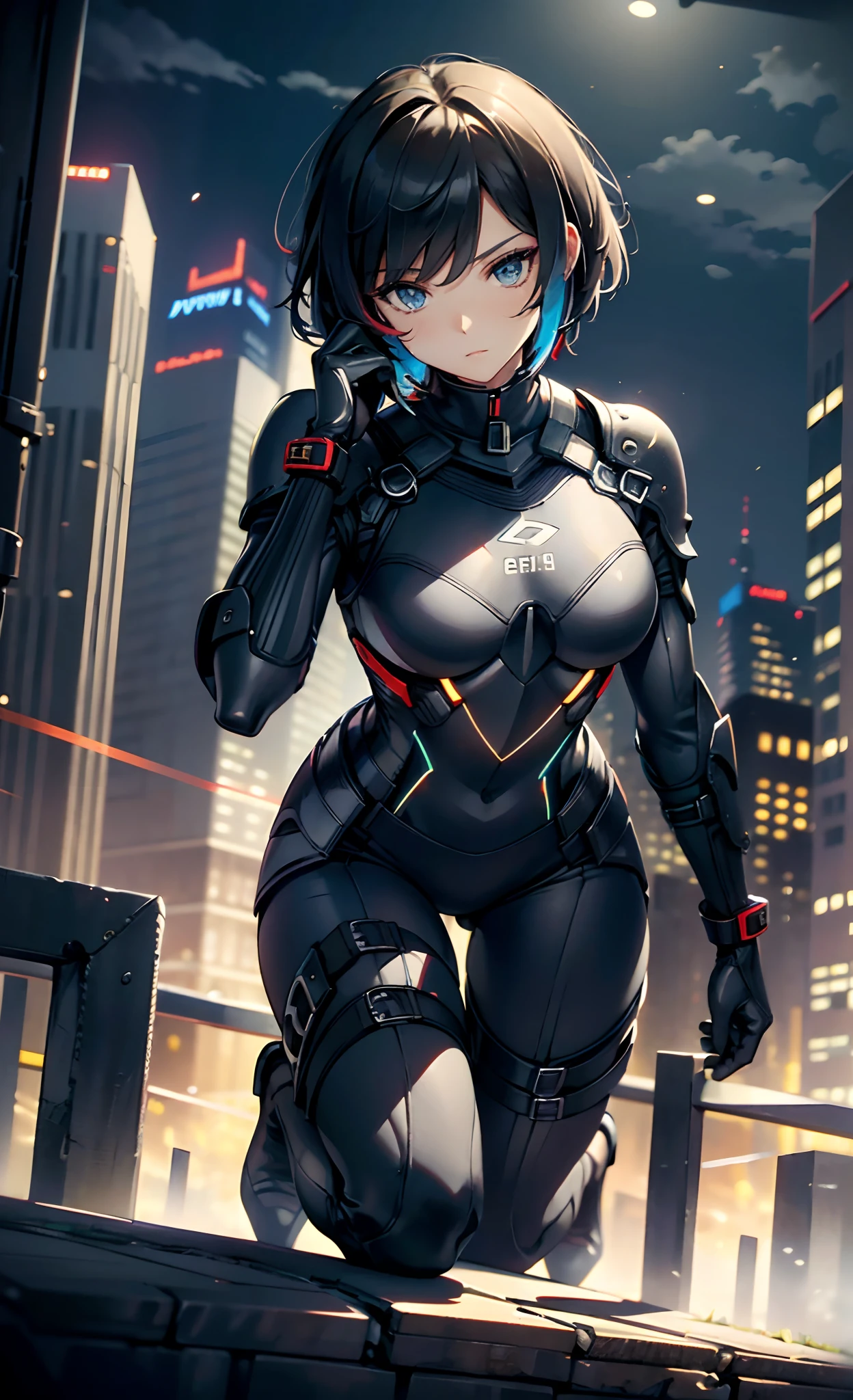 best qualityer，tmasterpiece，Ultimate resolution，downy，Extremely colorful，Colorful，Women combatants，（Kneeling pose）a matural female，Black super short hair，Tight combat suit，tightsuit，Steel City background，the night，Normal posture，Normal posture