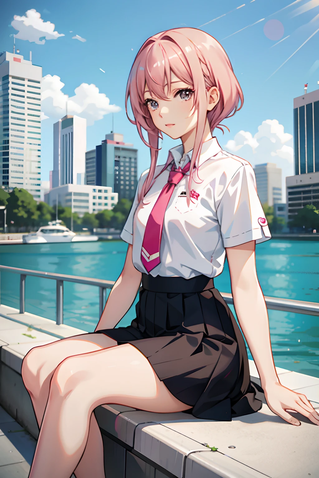 anime girl with pink hair sitting on a bench in front of a city, Beautiful anime girl, Beautiful Anime High School Girls, seductive anime girls, attractive anime girls, Anime girl, up of young anime girl, pretty anime girl, An anime girl, style of anime4 K, realistic anime artstyle, Anime girl in real life, Realistic young anime girl, Cute anime girl,your legs,brunette color hair