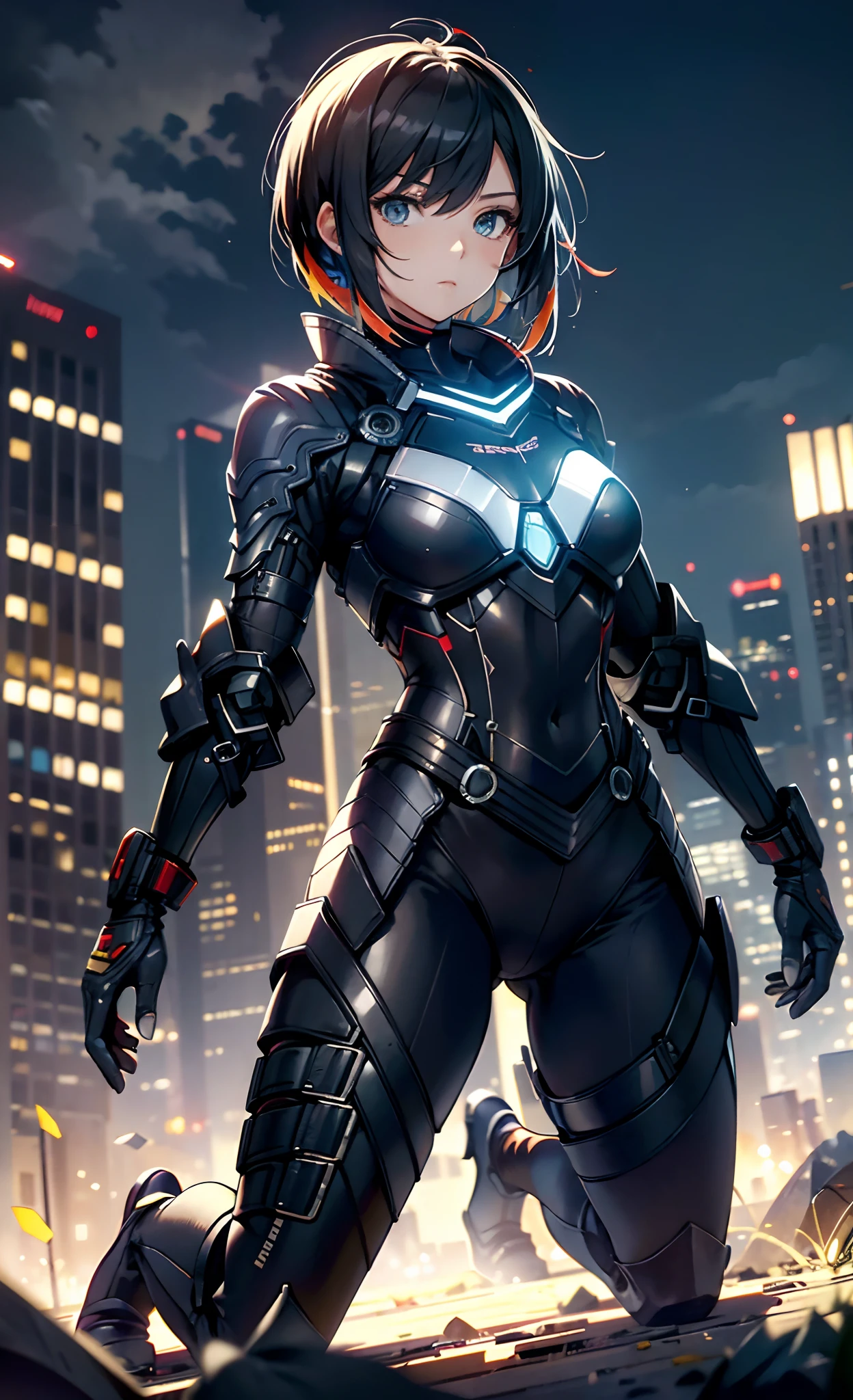 best qualityer,tmasterpiece,Ultimate resolution,downy,Extremely colorful,Colorful,Women combatants,(Kneeling pose)a matural female,Black super short hair,Tight combat suit,tightsuit,Steel City background,the night,Normal posture,Normal posture