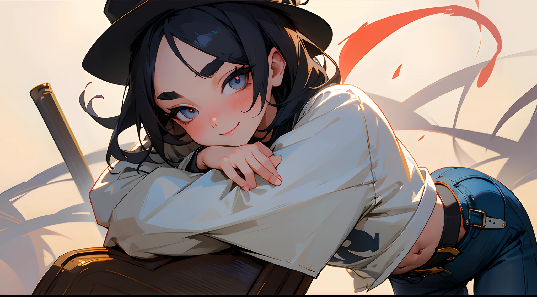 Original Characters、Volume Lighting、Best Shadows、Shallow depth of field、Portrait of an amazingly beautiful girl、Delicate beautiful attractive face with petite and seductive eyes、Messily painted face、Sharp Eyebrows、huge smile、Girl doing muscle training、Shortcut black hair、Blush Eyeshadow、Dark eyelashes、Applejack Hat、Oversized Pop Jacket、Mini Underbob T-Shirt、Open belly button、slim waist、Denim Jeans Pants、with buckle belt、Background Gym、standingn、(top-quality、Superb Detail:1.25)、(独奏:1.3)、Brilliant Colorful Paintings
