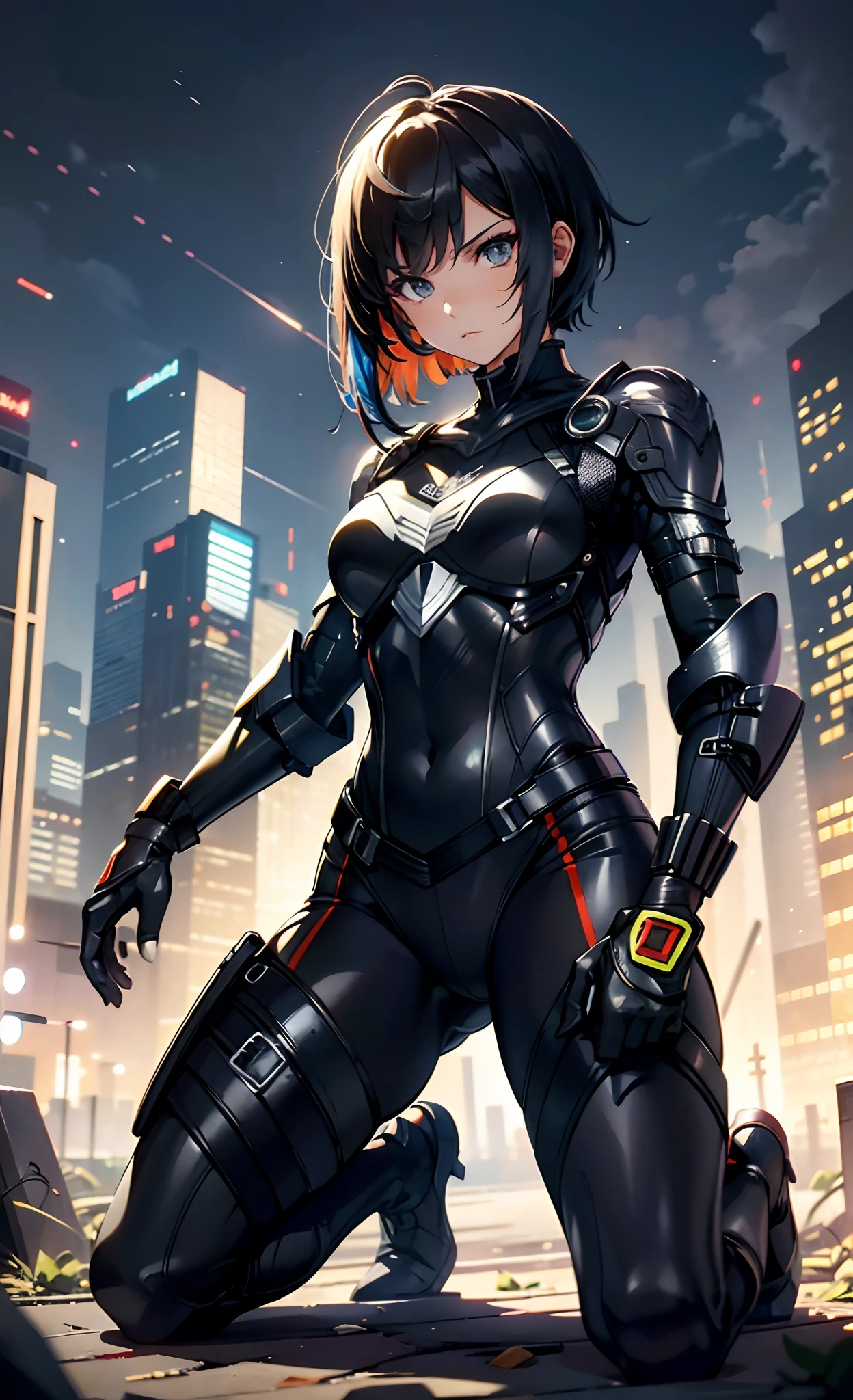 best qualityer,tmasterpiece,Ultimate resolution,downy,Extremely colorful,Colorful,Women combatants,(Kneeling pose)a matural female,Black super short hair,Tight combat suit,tightsuit,Steel City background,the night,Normal posture,Normal posture