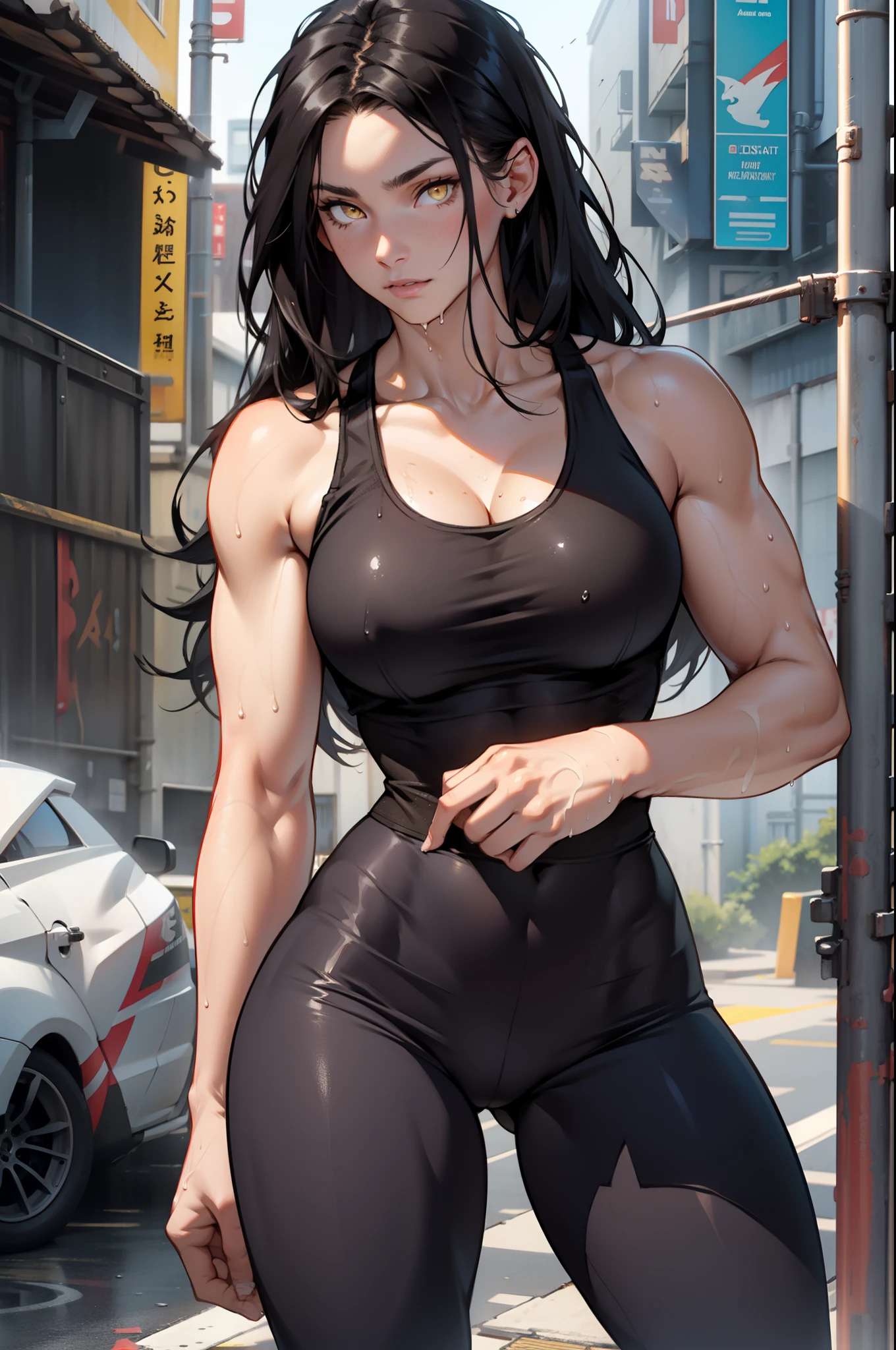black hair, very long hair, yellow eyes, thick thighs, large breasts, (muscular), pale skin, leggings, tank top, toned body, 1 girl, wet hair, messy hair