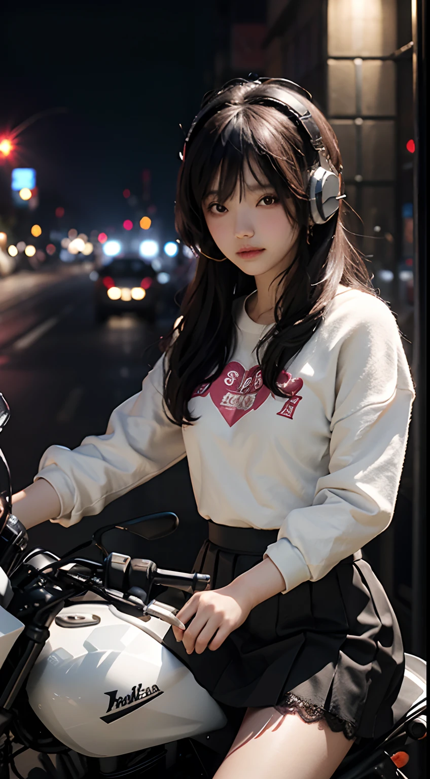 Highest image quality,Outstanding details,超高分辨率,(Fidelity:1.4),The best illustration,Favor the details,Highly cohesive 1girl,He has a delicate and beautiful face,Wear a pink sweatshirt,1.2,with headphones on,Ride a metal motorcycle,1girll,White lace underwear,JK skirt,The background is a high-tech lighting scene in the future city,Campus scene。