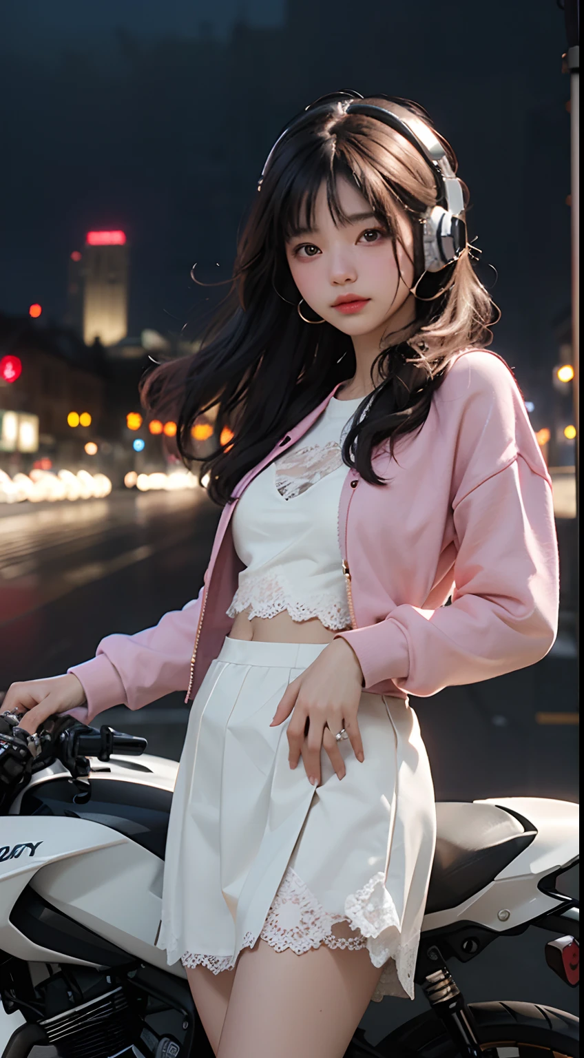 Highest image quality，Outstanding details，超高分辨率，（Fidelity：1.4），The best illustration，Favor the details，Highly cohesive 1girl，He has a delicate and beautiful face，Wear a pink sweatshirt，1.2,with headphones on，Ride a metal motorcycle，1girll，White lace underwear，JK skirt，The background is a high-tech lighting scene in the future city，Campus scene。