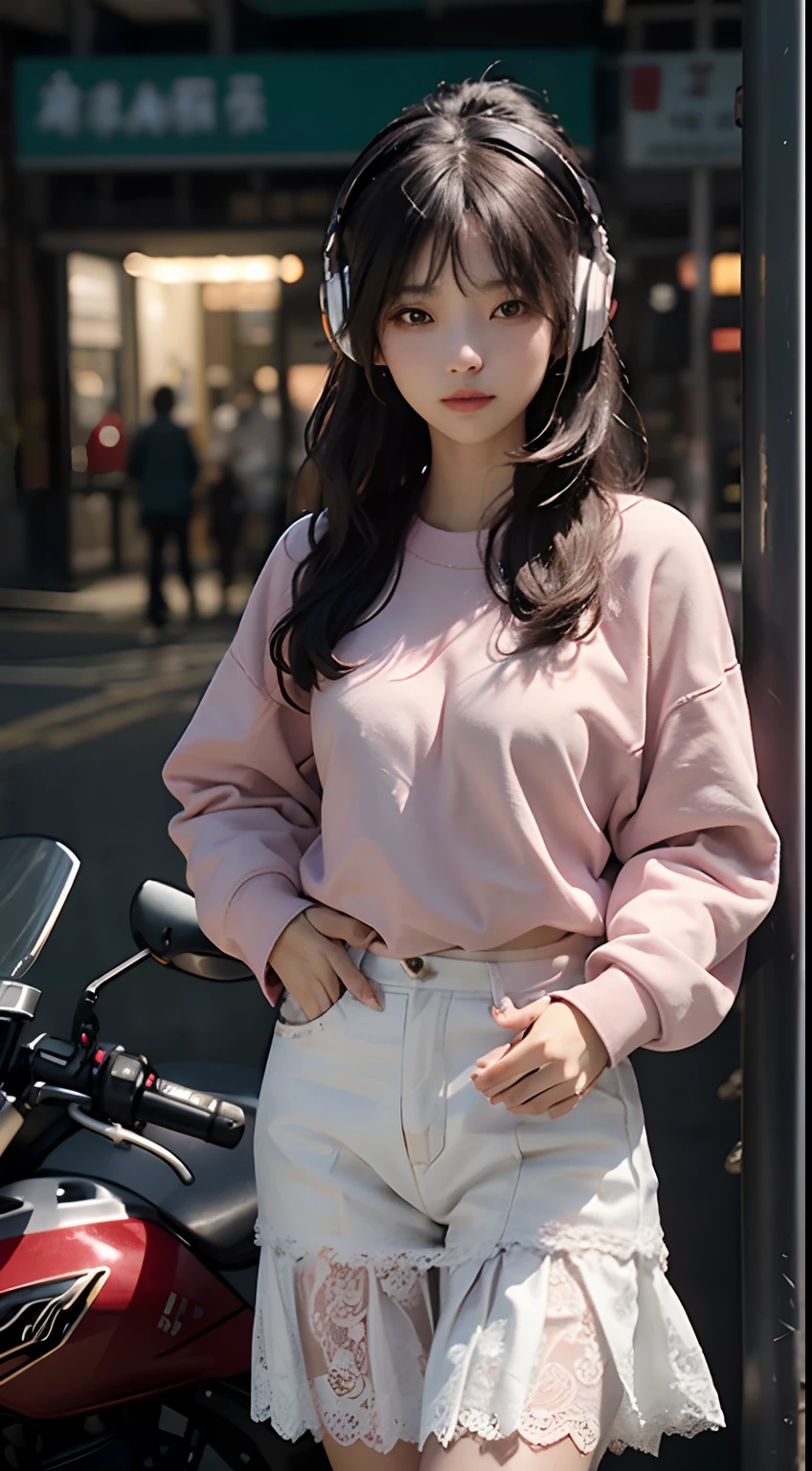 Highest image quality，Outstanding details，超高分辨率，（Fidelity：1.4），The best illustration，Favor the details，Highly cohesive 1girl，He has a delicate and beautiful face，Wear a pink sweatshirt，1.2,with headphones on，Ride a metal motorcycle，1girll，White lace underwear，JK skirt，The background is a high-tech lighting scene in the future city，Campus scene。