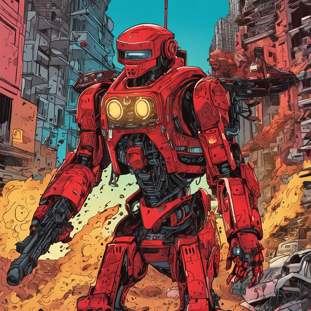Red robot away from the scene, atacando com um golpe flamejante