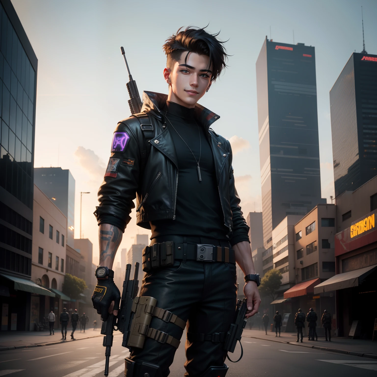 19 year old cyberpunk handsome boy with AWM gun in a cityscape, accurate details,bright eyes,high buildings in background,accurate eyes , beautiful smile