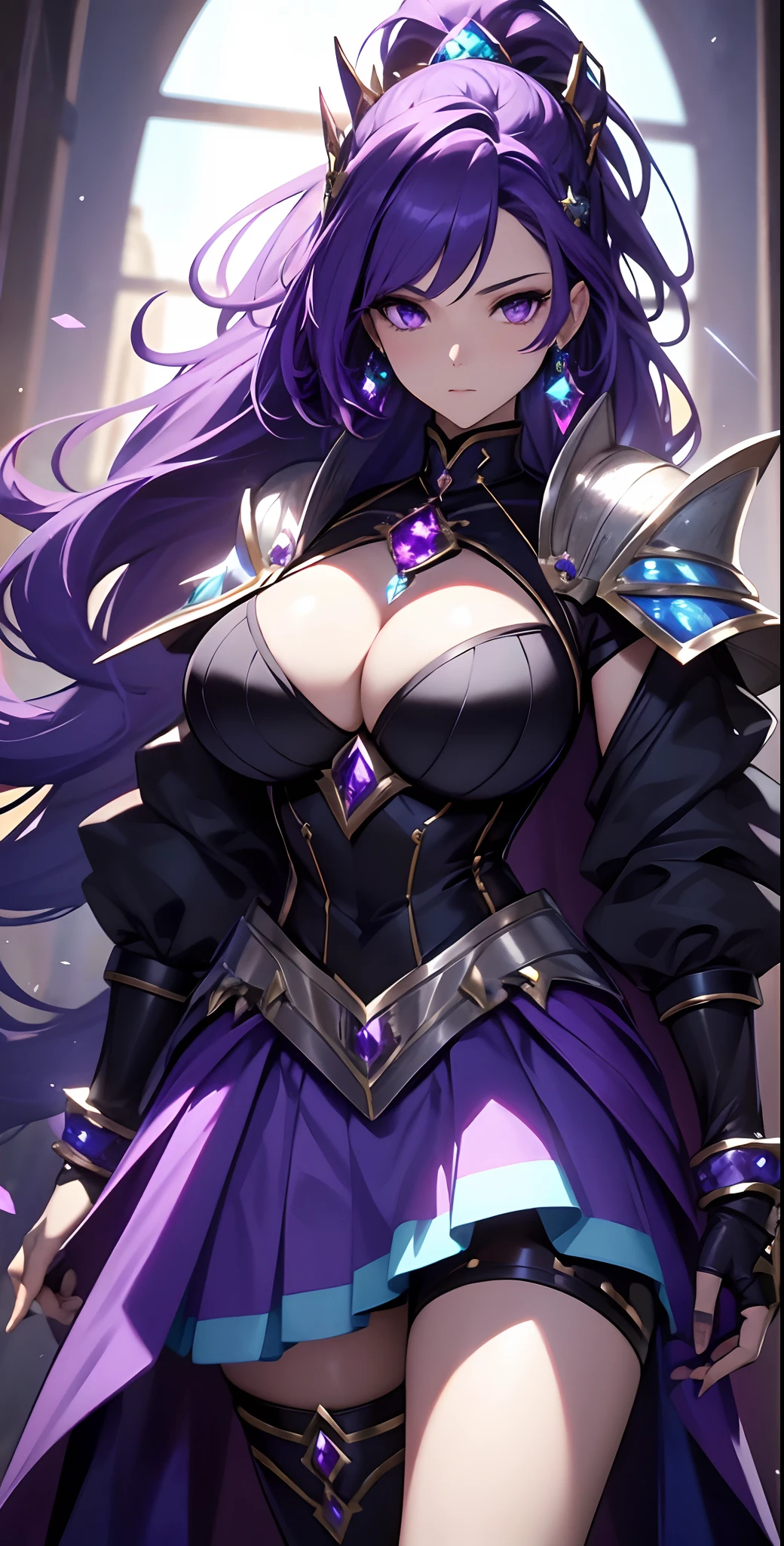 best qualityer，tmasterpiece，Ultimate resolution，downy，Extremely colorful，Colorful，Lady Knight，Royal Sister，Blue-purple armor skirt，Full body set with gemstones，amethyst，huge tit，（Short thin purple hair，High ponytail），Shield set with precious stones，jewelry，Pedras preciosas，Normal posture