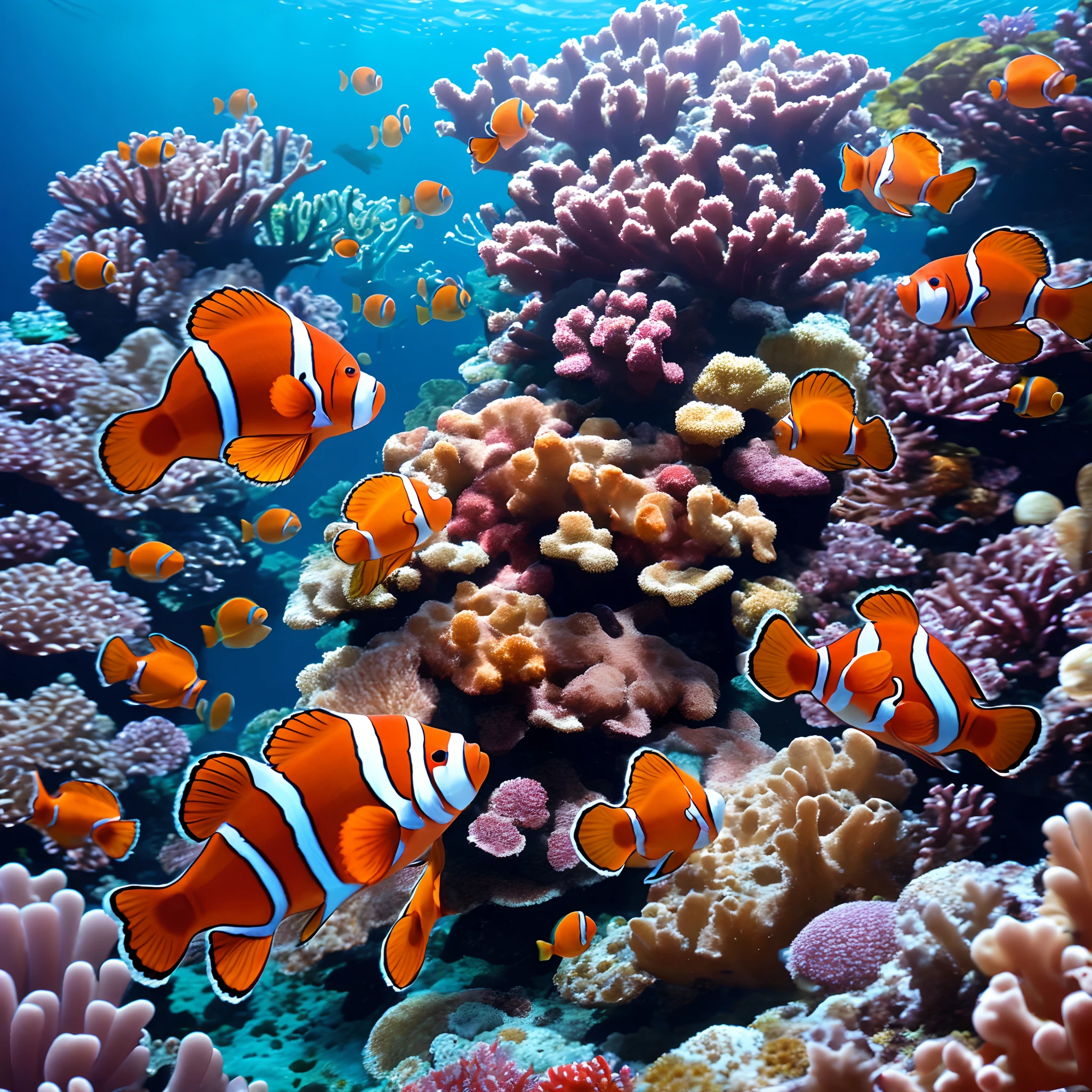 Clown fish on colorful coral reef, air bubble, cinematic, insane details, front view