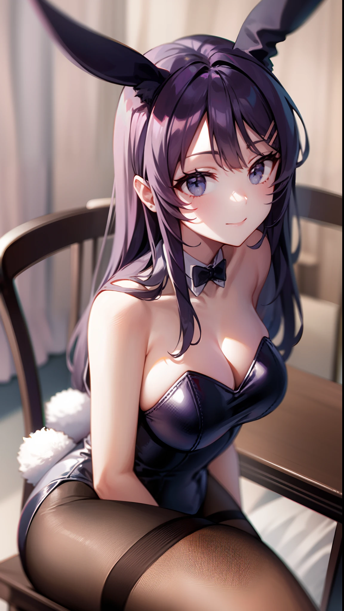 Mai Sakurajima, Sitting on a chair in the room, pale light, Smiling, Wearing rabbit ears, ((bunny girl outfit)),