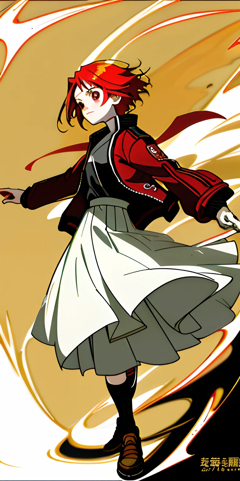 Red pupils，with short golden hair，Poor milk，Jacket jacket，a white long skirt，teens girl，Anime comic style