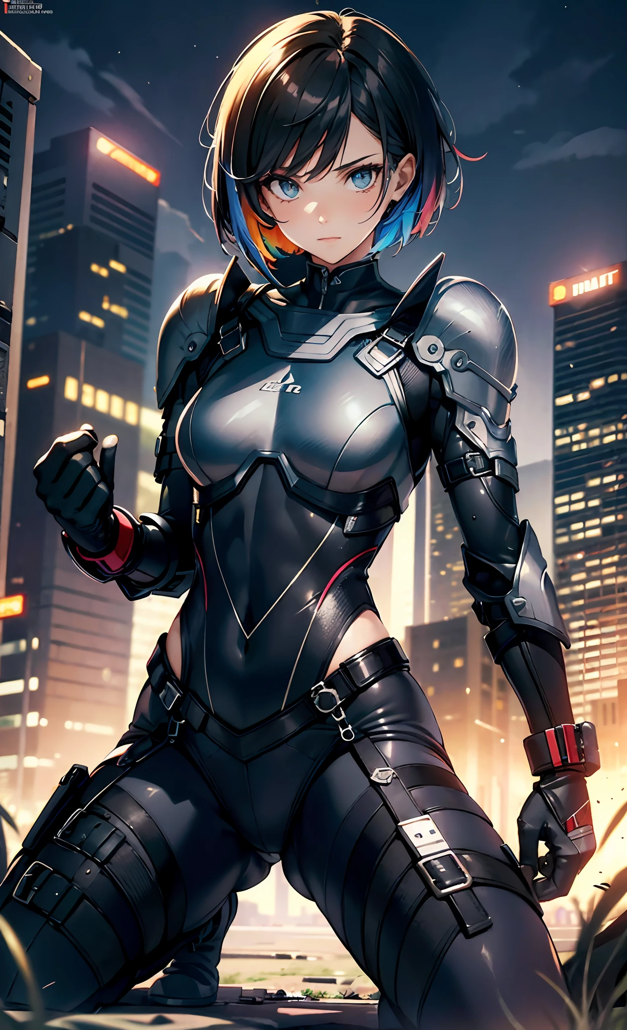 best qualityer，tmasterpiece，Ultimate resolution，downy，Extremely colorful，Colorful，Women combatants，（Kneeling pose）（point you by ass）a matural female，Black super short hair，Tight combat suit，tightsuit，Steel City background，the night，Normal posture，Normal posture
