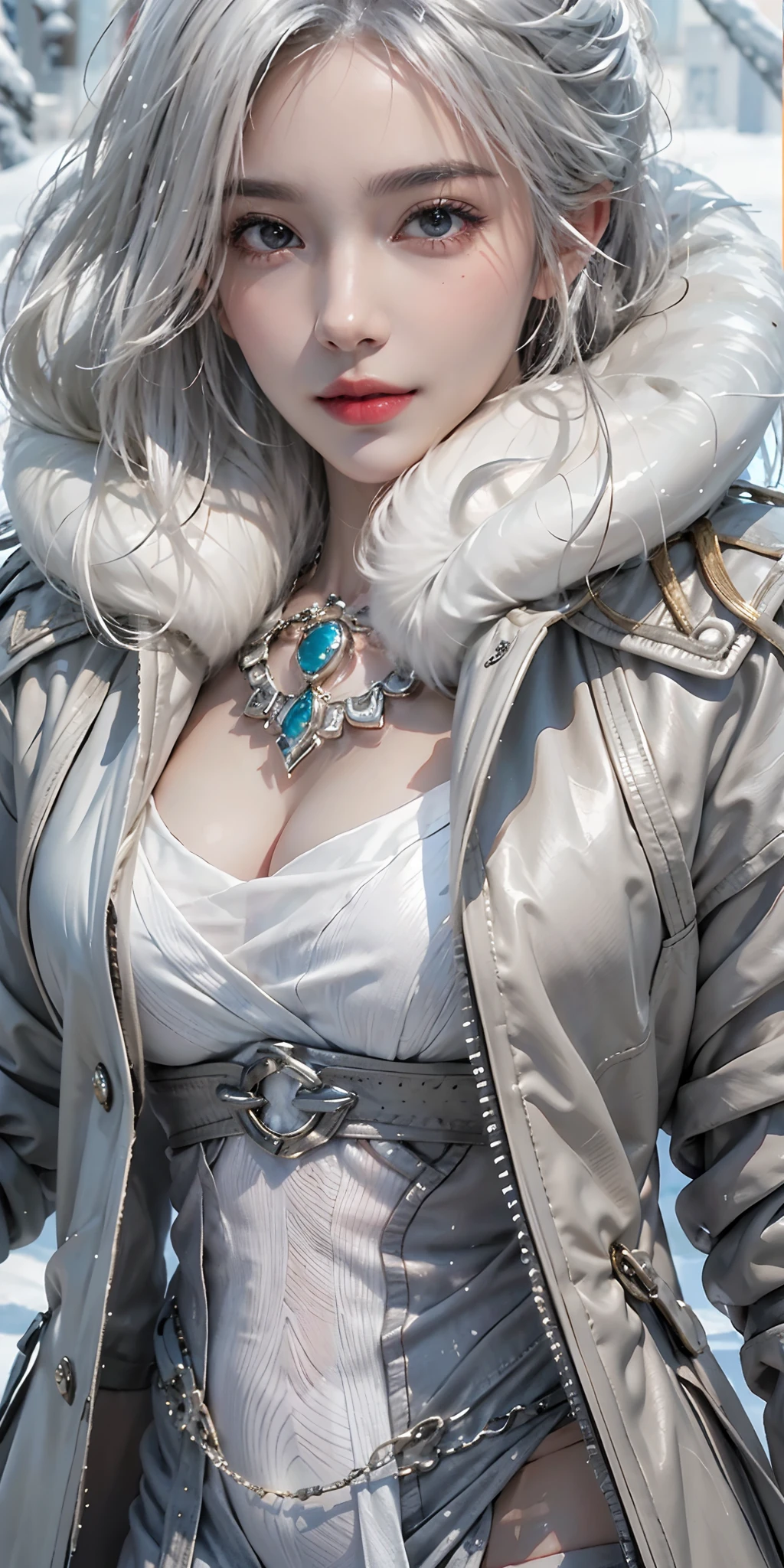 photorealistic, high resolution, soft light,1women, solo, hips up, shining skin, (detailed face),tattoo, jewelry, winter wear, coat, snow, white hair, wavy hair, Beautiful Soldier, Eyes That Invite Viewer, Lover's Perspective, Inviting Expression, Sexy Smile, Perfect Style, Perfect Balance, Detailed Skin, Naughty Gaze, Chest Visible